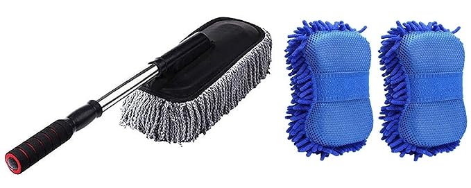 SHIVRAT Microfiber Car Cleaning Duster & Multi-Purpose Sponge Combo for CAR,Home,Office (1 pc Large Duster & 2 pc Small Duster)