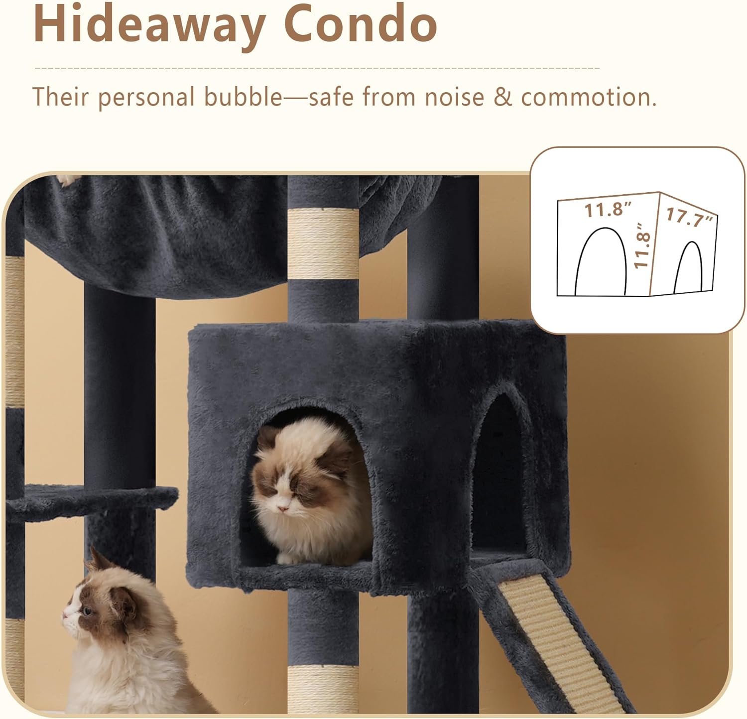 Image of the hideaway cat condo on the Heybly cat tree, with a cat peeking out, showing interior dimensions 11.8 inches by 17.7 inches.