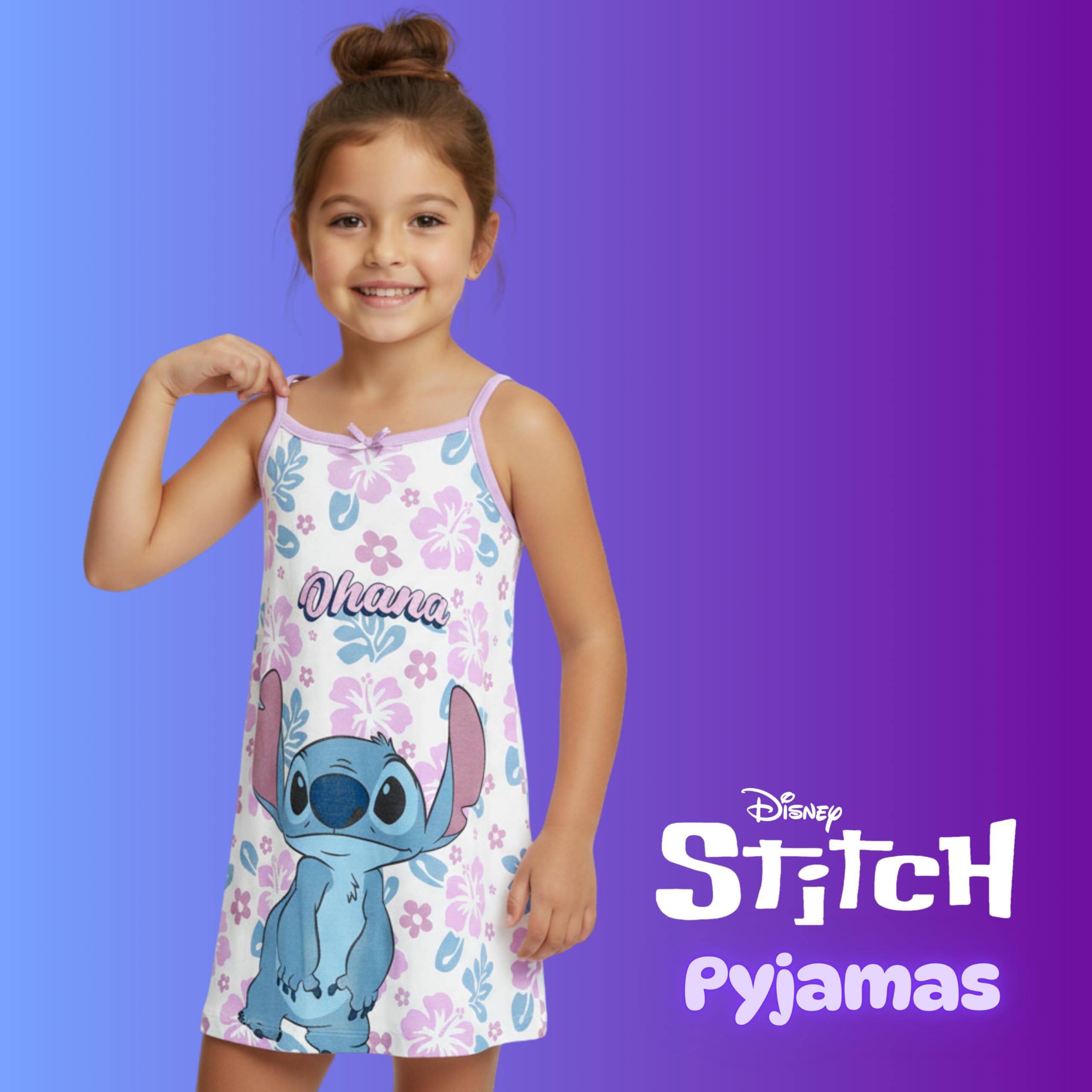 Disney Stitch Chemise de Nuit pour Fille, Modèle été à Bretelles Courte Chemise de Nuit en Coton Doux, Tailles 3 à 8 Ans