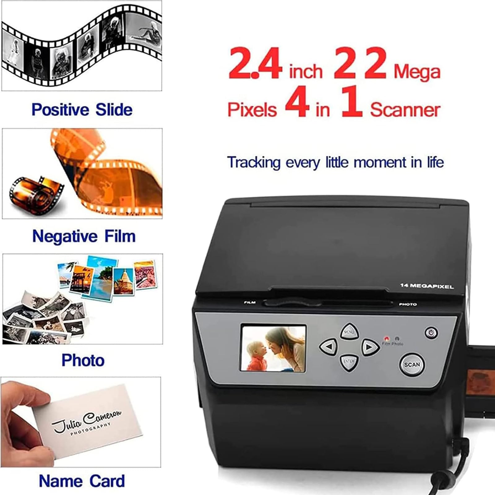 Escáner de diapositivas de 22 MP, convierte diapositivas y negativos de 35 mm (135, 110 y 126) a fotos digitales JPG. Escáner de película de alta resolución de 2,4 pulgadas. Compatible con salida USB