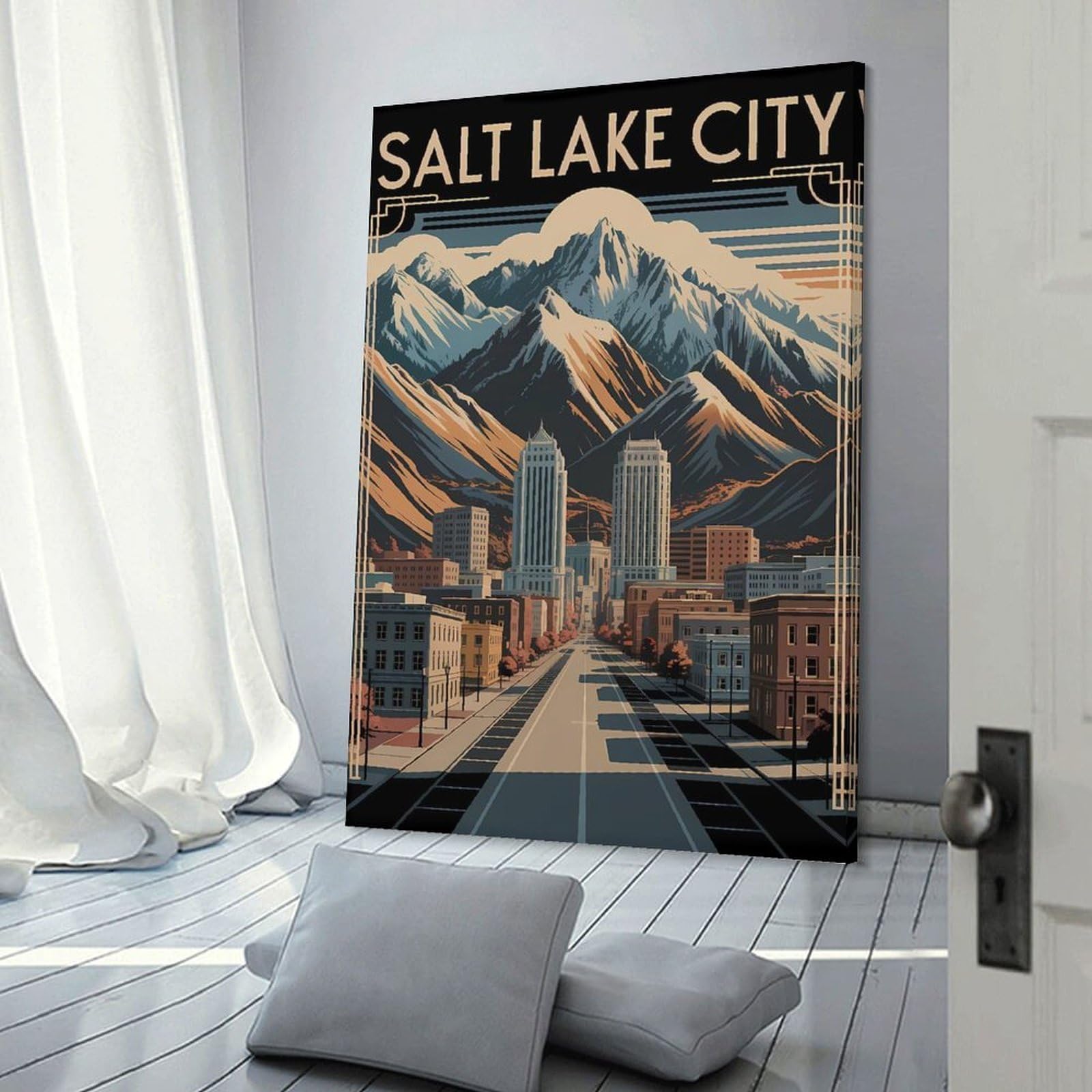 Junmoney Decorative Wall Artwork Salt Lake City Art Deco, 20x30inch(50x75cm), for Calm Bedrooms, Home Corners Or Flats, An Easy Wall Refresh for Bedrooms