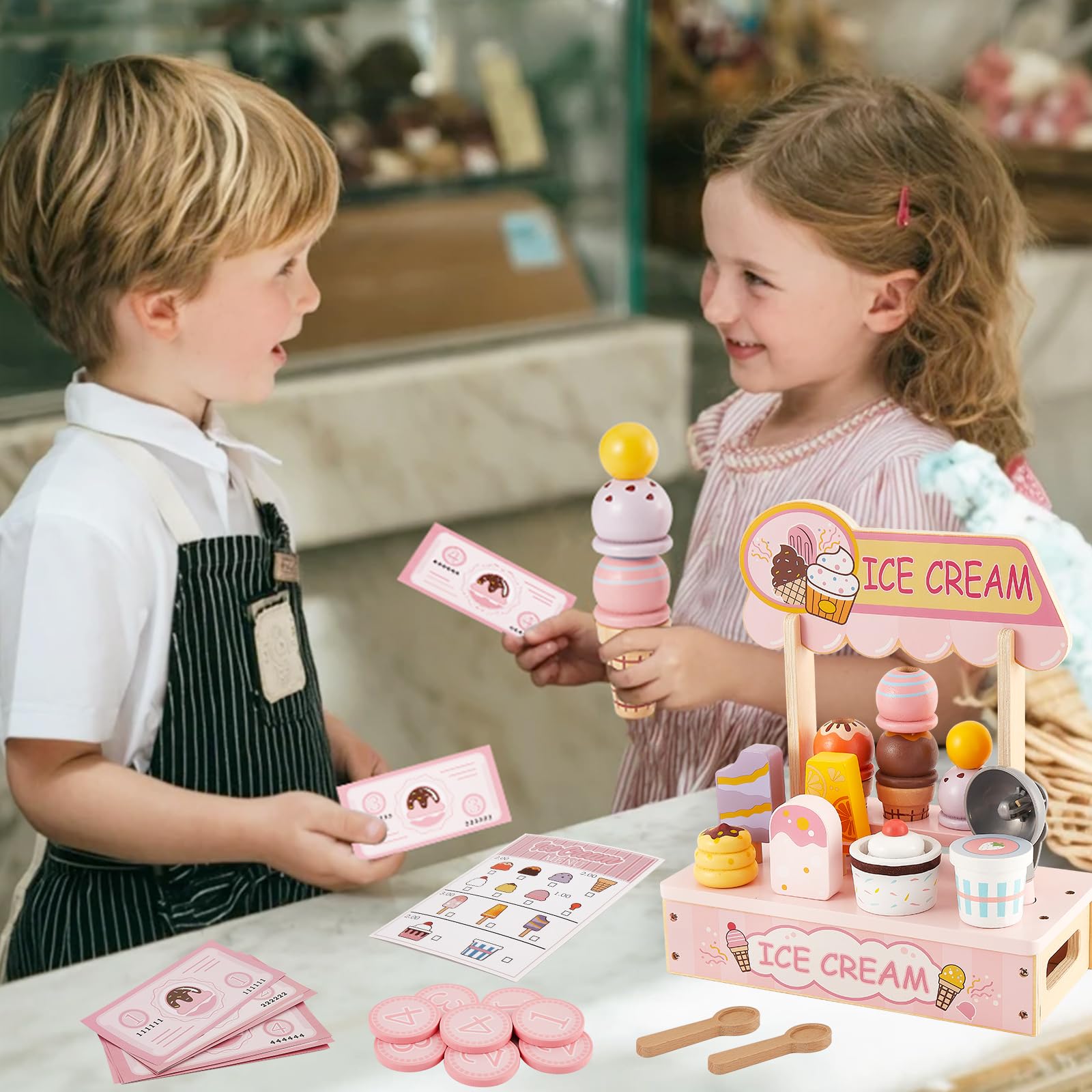 HERSITY Jouet Glacier en Bois pour Enfant avec Stand de Glace, Accessoires Cuisine Desserts Jeu Educatif Enfants Jouet Cadeau pour Garçon Fille 2 Ans+ (‎Rose)