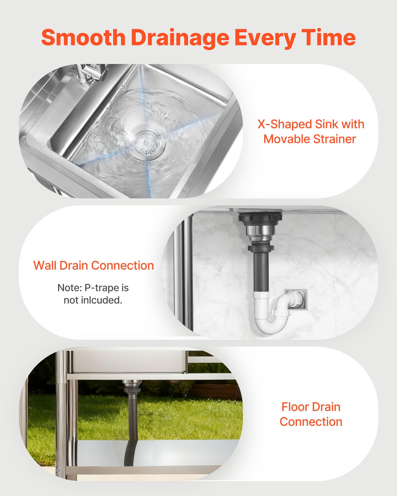 VEVOR Fregadero de Cocina Utilitario de Acero Inoxidable, con Cubeta Izquierda, Incluye Grifo y Tuberías para Agua Fría y Caliente, para Garaje, Restaurante, Lavandería, 100 x 50 x 94 cm, Plata