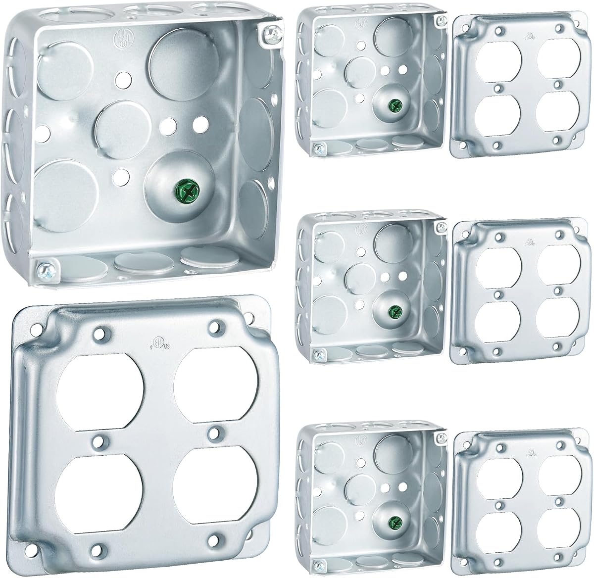 4 Set 4 × 4" Electrical Junction Box with Cover Electrical Metal Outlet Box, 21.0 Cu. in. Capacity Receptacle Exposed Work Cover, 1-1/2'' Deep(Double Duplex)