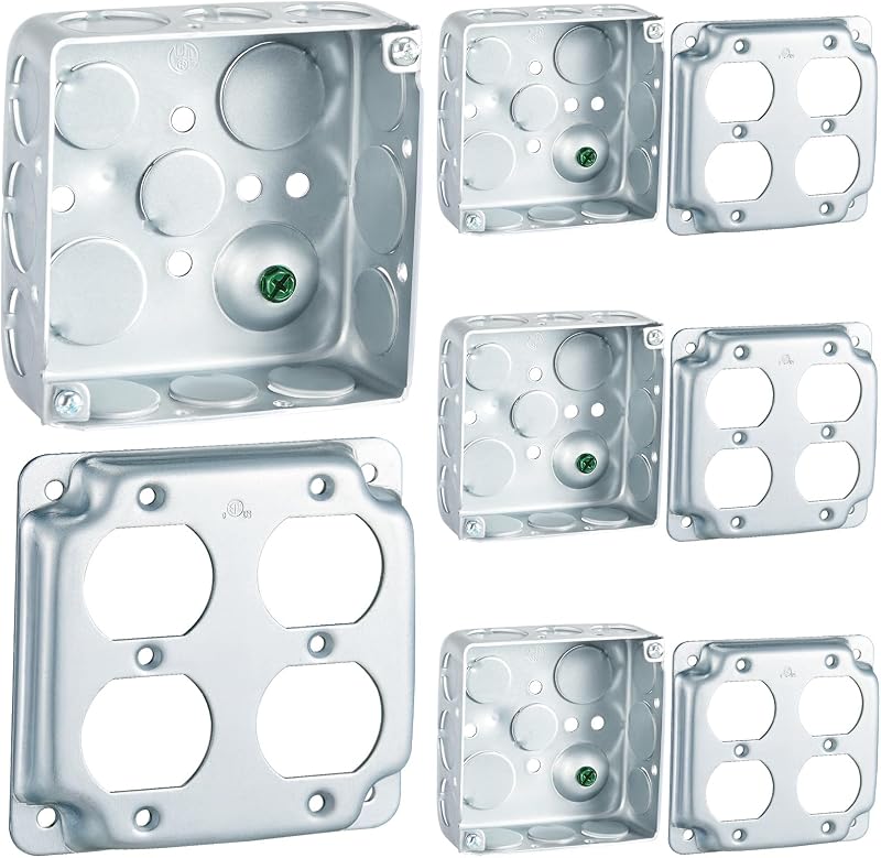 4 Set 4 × 4" Electrical Junction Box with Cover Electrical Metal Outlet Box, 21.0 Cu. in. Capacity Receptacle Exposed Work Cover, 1-1/2'' Deep(Double Duplex)