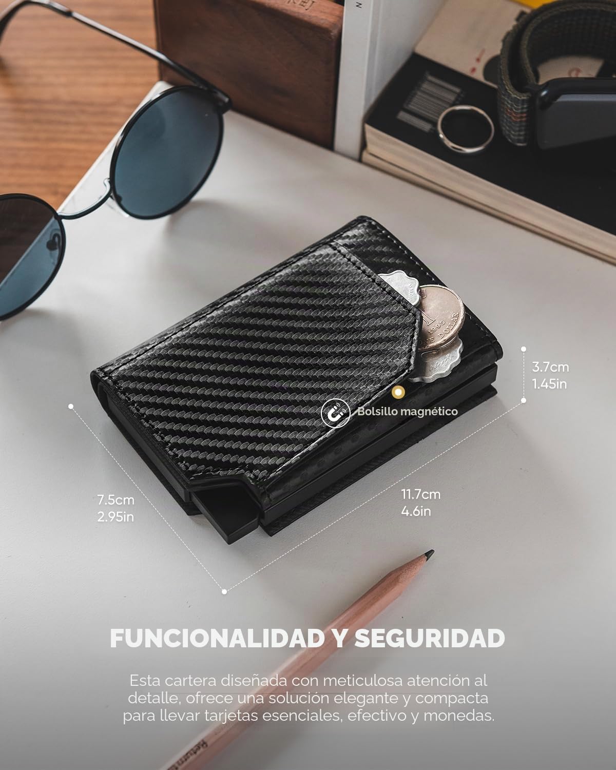 VULKIT Carteras para Hombre Pop Up RFID Bloqueo Cartera Tarjetero Hombre Piel Tarjeteros Monedero con Porta Monedas Tríptico Billeteras para Billetes, Fibra de Carbono