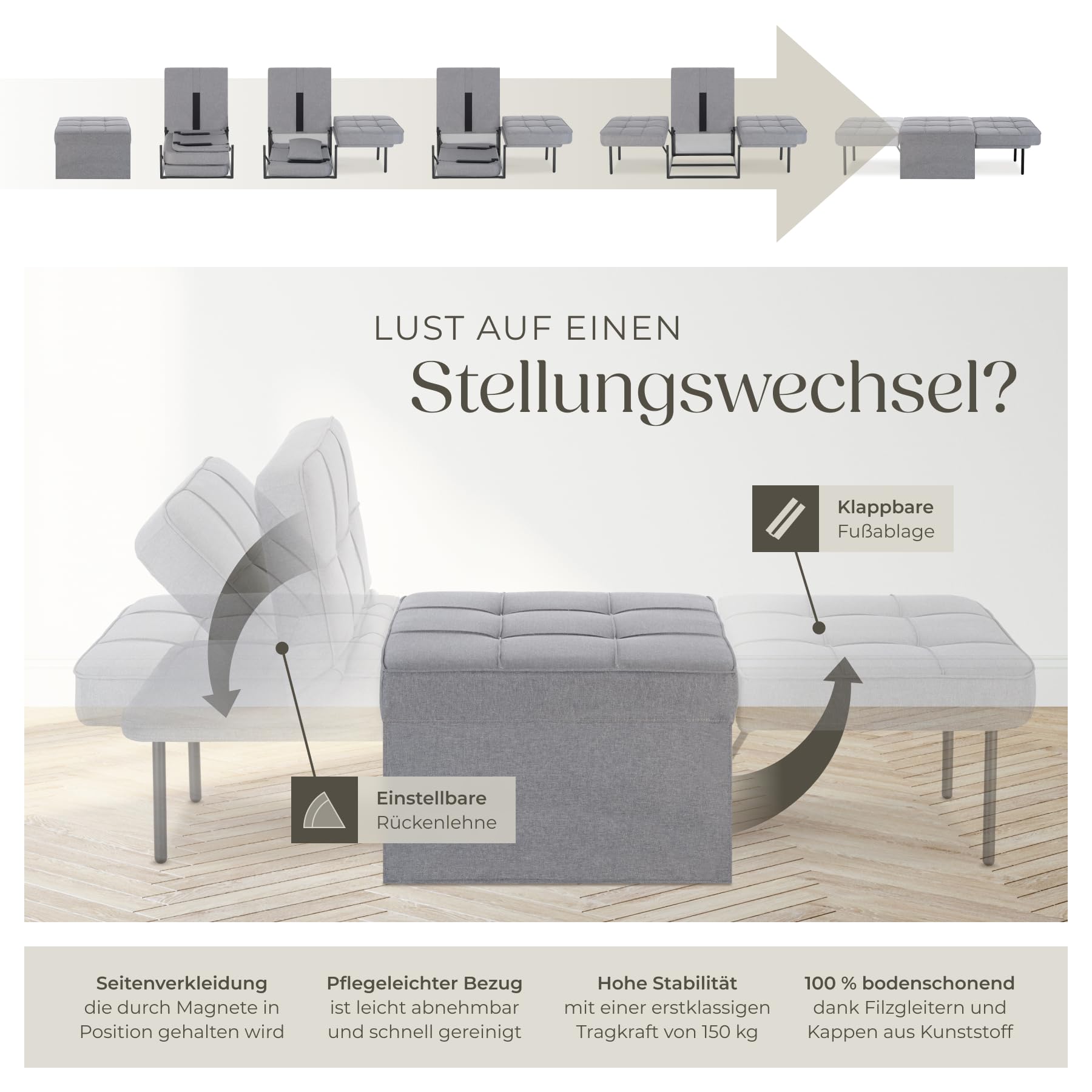 tectake® 4 in 1 gemütlicher Hocker mit Schlaffunktion, Sofa, Sessel oder Lounger, 6-Fach klappbar, als Couch, modulares Schlafsofa oder Lesesessel, für Schlafzimmer, Jugendzimmer, Wohnzimmer - grau