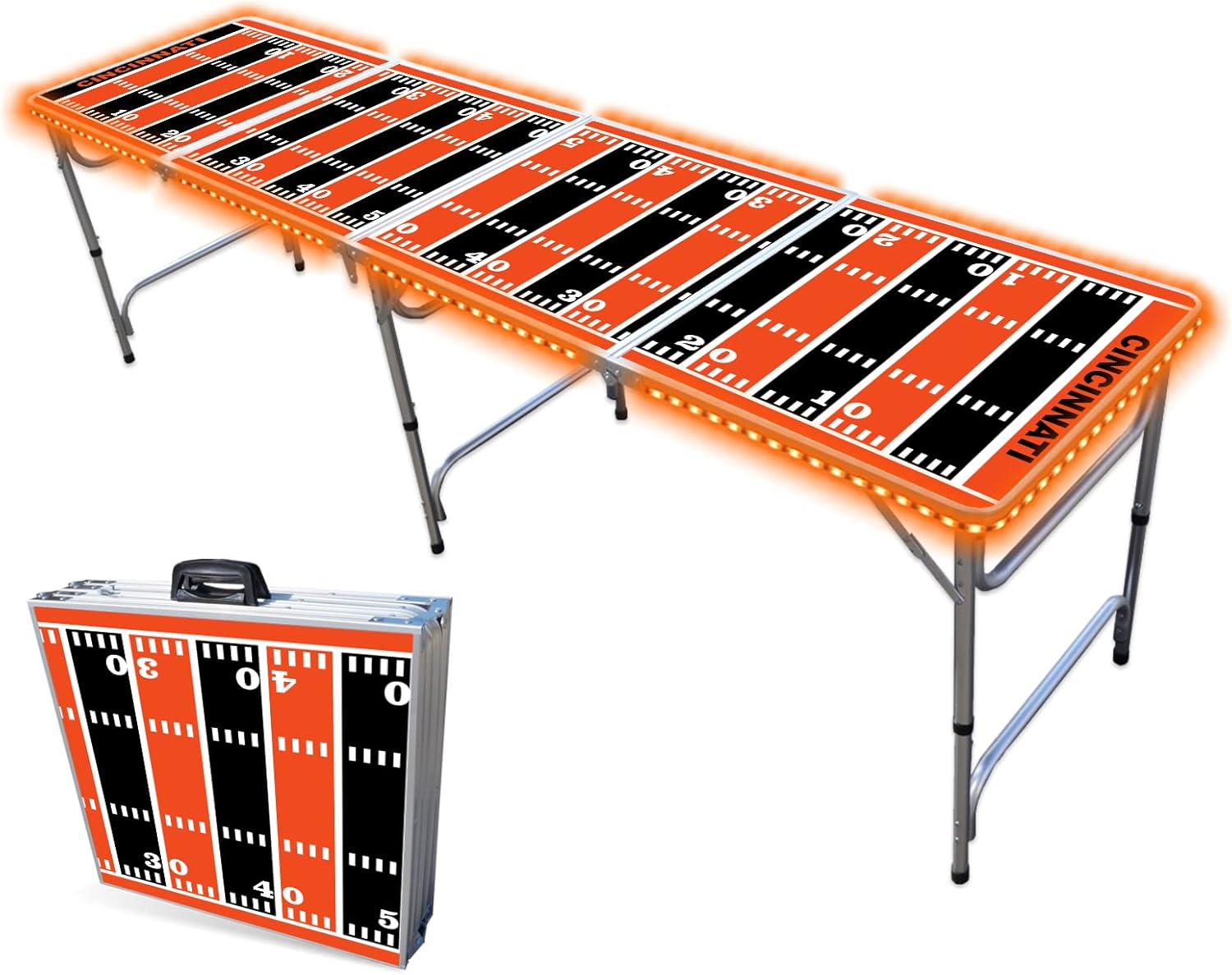 8-Foot Folding Portable Pong Table w/Optional Cup Holes & LED Lights - Cincinnati Football Field (Choose Your Model)