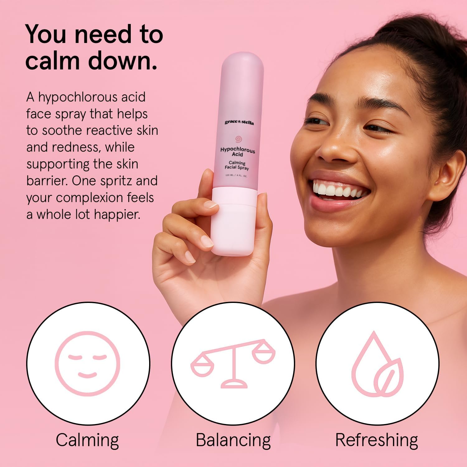 grace & stella Hypochlorous Acid Spray for Face - Acne Spray - Gentle Face Mist to Calm Redness, Flare-Ups, Breakouts, Body Acne, Bacne - Soothing Facial Mist for Sensitive Skin (120ml/4 fl oz) - Image 2