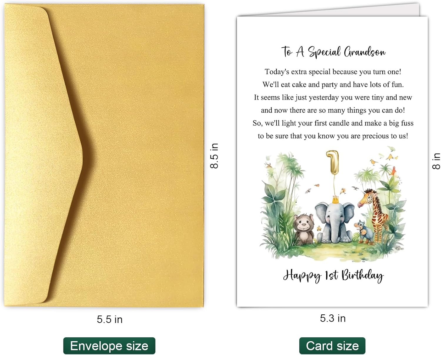 Happy 1st Birthday Card for Grandson, Cute Grandson First Birthday Card, Jungle Safari Animals 1st Birthday Card from Grandparents, To A Special Grandson - Image 2