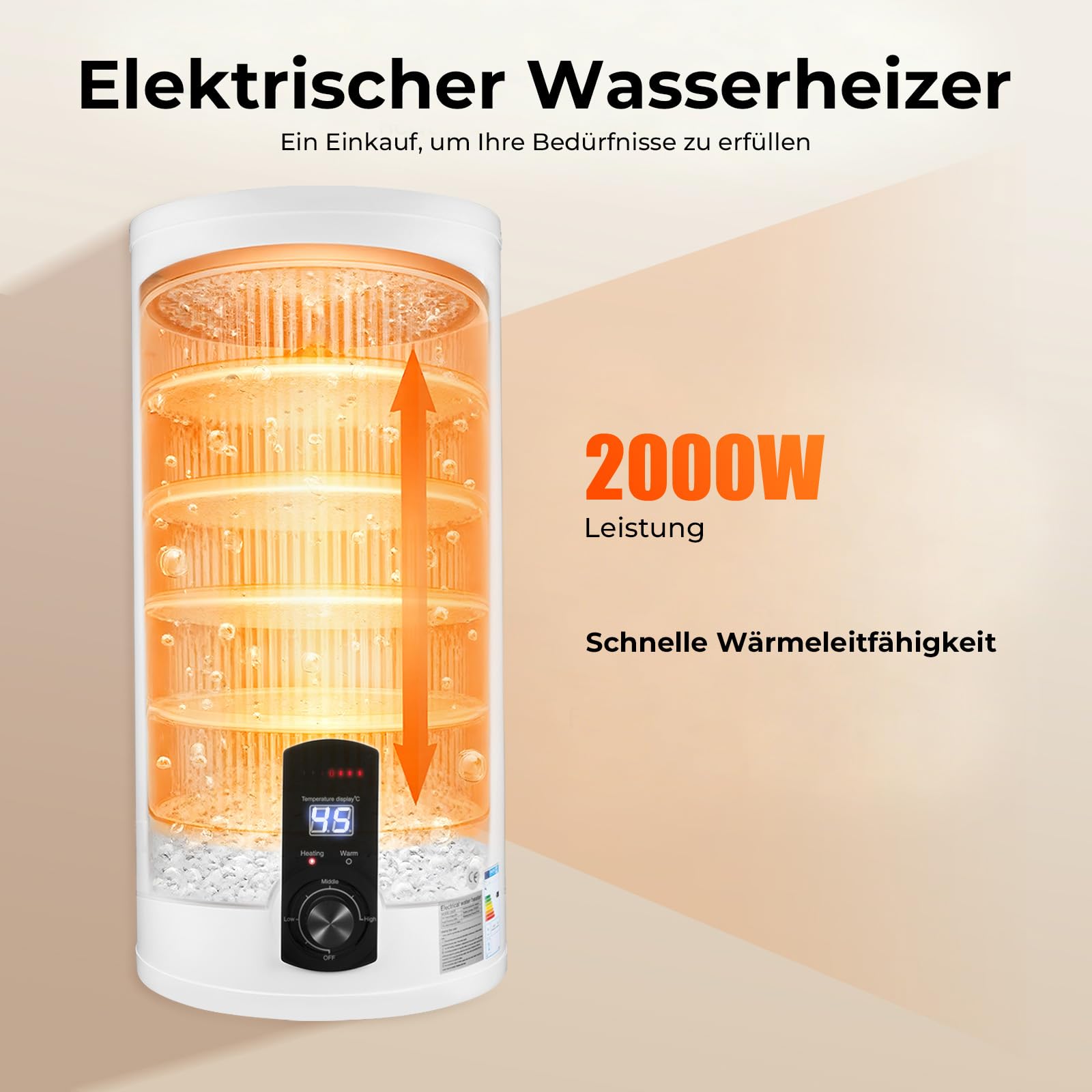 Chauffe-eau électrique 80 l, 2 kW 220 V IPX4 vertical LED chauffe-eau de stockage chauffe-eau eau eau froide et chaude chauffe-eau électrique ABS mural pour cuisines, toilettes