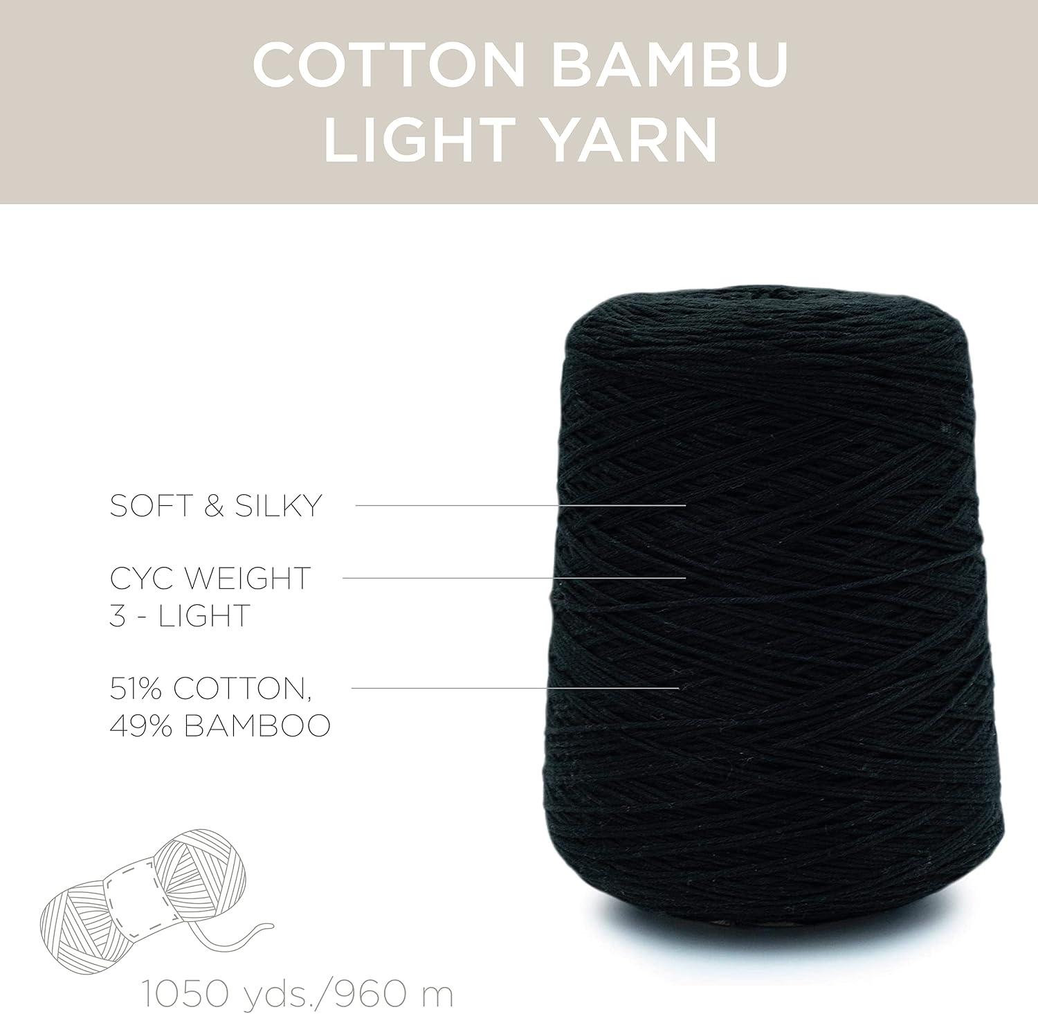 Silk City Fibers, Cotton Bambu Blended Yarn for Machine Knitting, Weaving and Crochet, Tar, 1 Cone, Designer Yarn for Premium Garments, Soft Shawls, and DK Weight Projects
