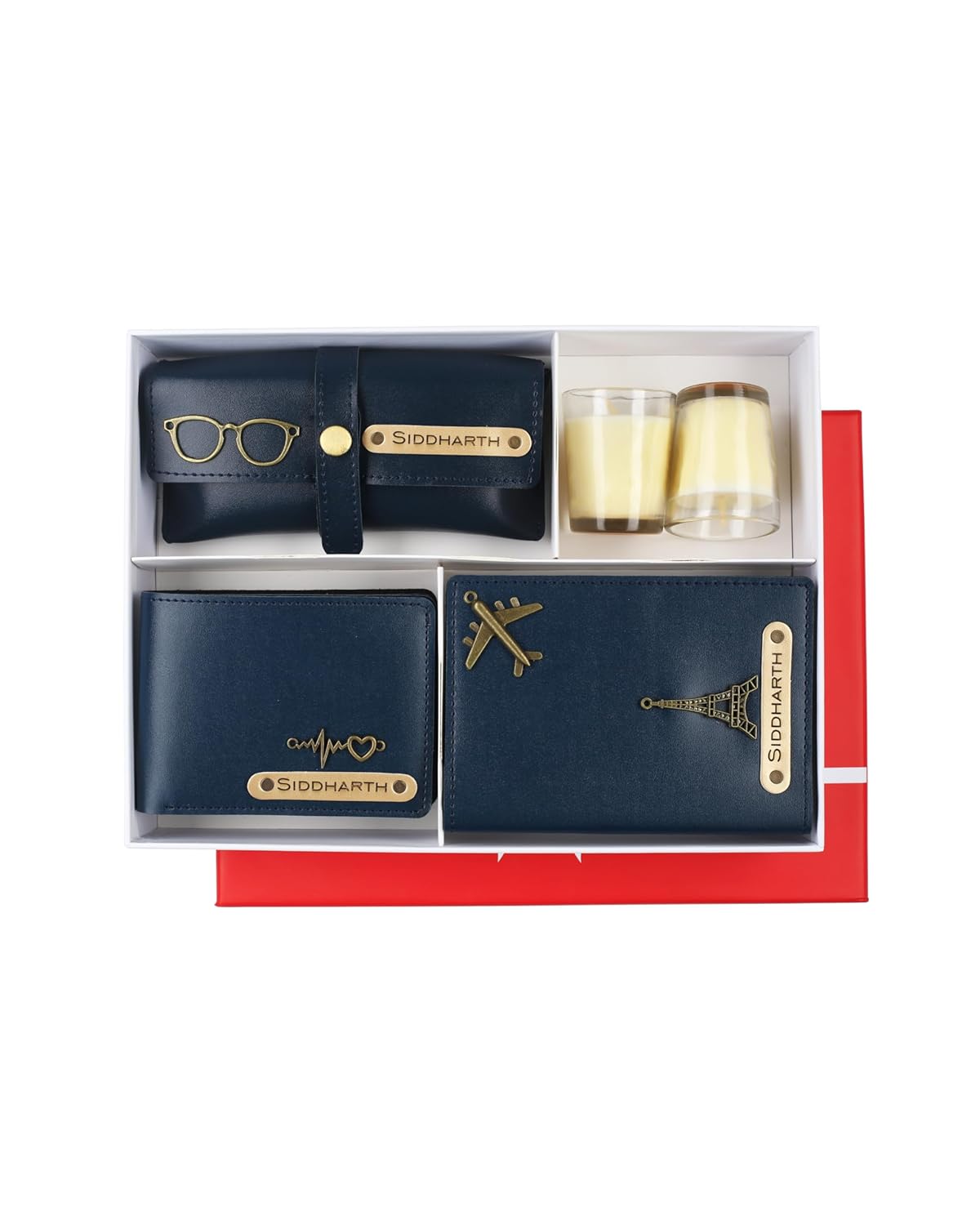 Aica Personalized Name & Charm Leather Mens (Navy Blue) Combo |Men Scented Candle & Leather Giftset for Christmas Secret Santa New Year Gift Men Father Brother Husband Friend Family Office Colleagues