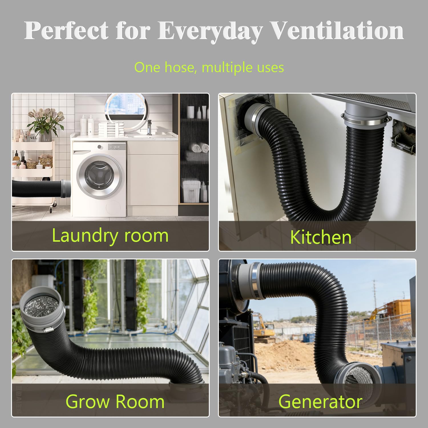 Tuyau d’évacuation d’air 100 mm 5 m avec raccord souple, gaine de ventilation flexible 4 couches PVC aluminium avec 2 colliers, pliable et découpable, pour sèche-linge, hotte et VMC