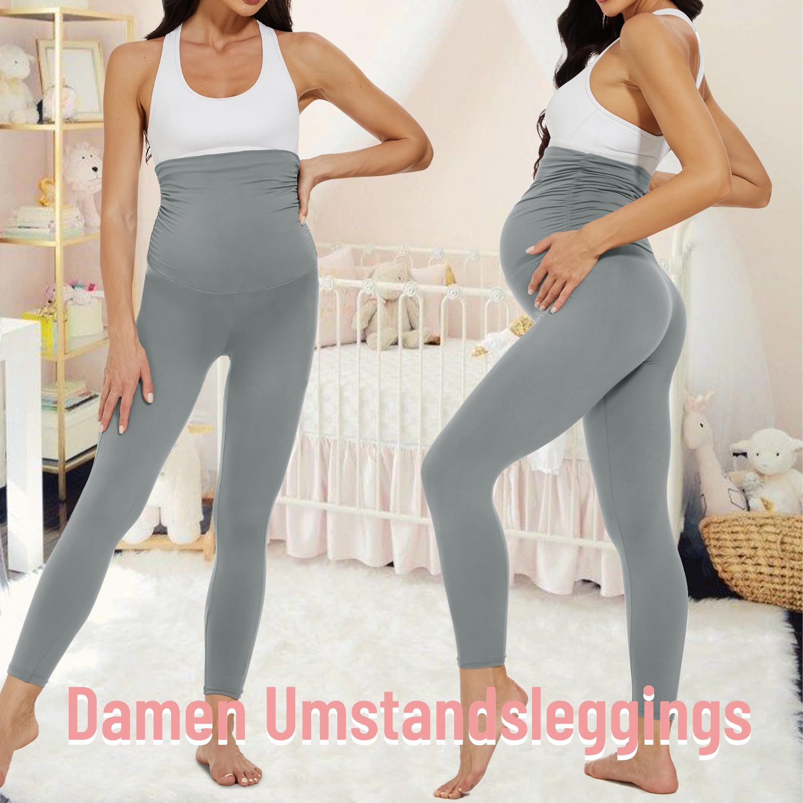 AMIYOYO Damskie legginsy ciążowe z wysokim stanem, nieprzezroczyste legginsy ciążowe, spodnie ciążowe, spodnie rekreacyjne, rozciągliwe, odzież ciążowa dla kobiet w ciąży, długie, jasnoszary, S