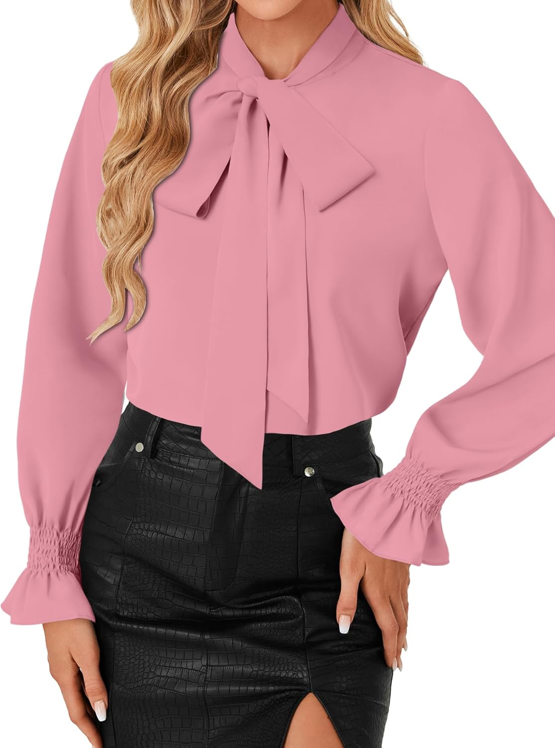 LYANER Women's Bow Tie Front Smocked Long Sleeve Blouse Elegant Office Shirt Top - Image 2