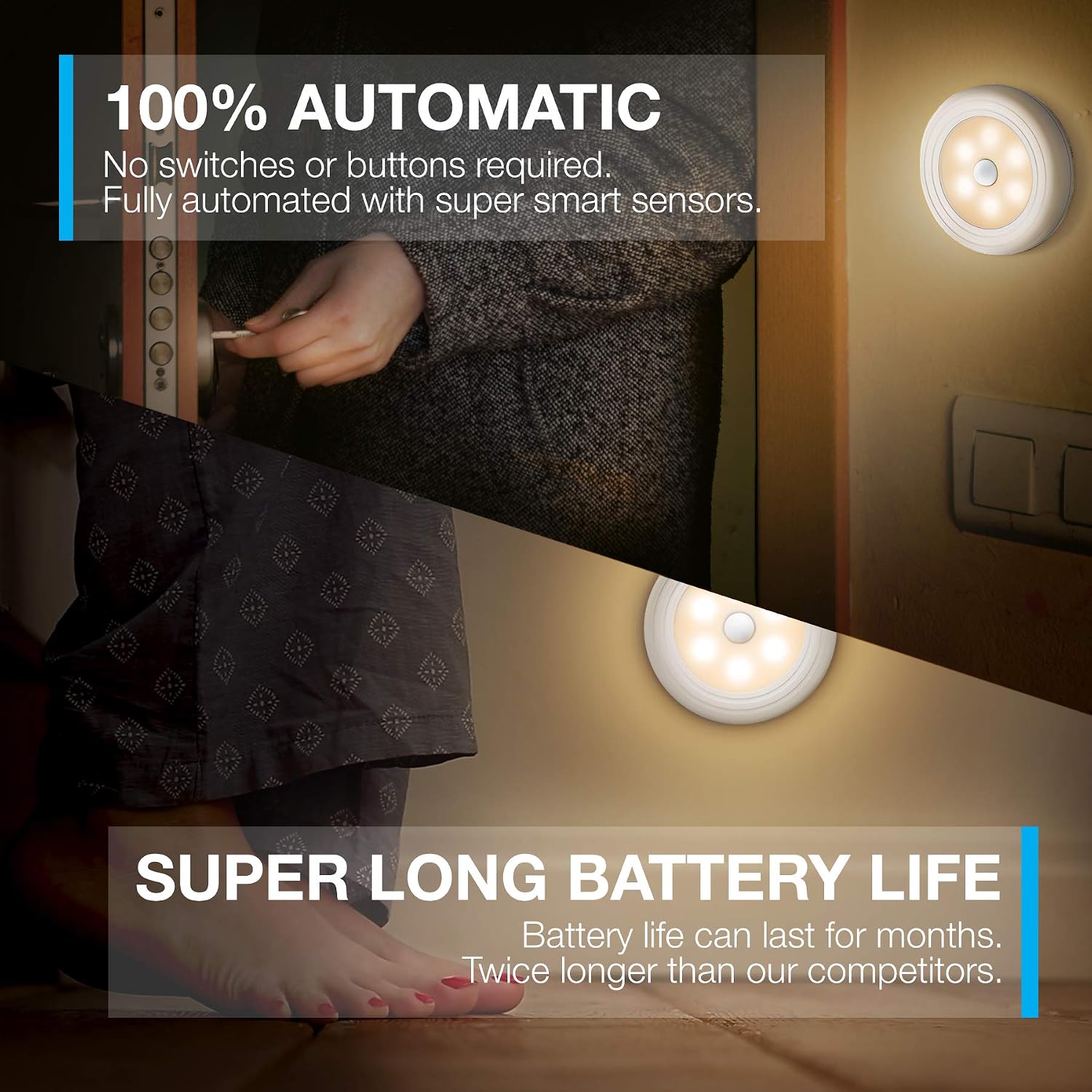 Motion Sensor Lights (Warm White) Closet Light, Wall Light, Stick Anywhere with No Tools, LED Night Lights, Perfect for Staircase, Hallway, Bathroom, Bedroom, Kitchen, Cabinet, Battery Operated Lights
