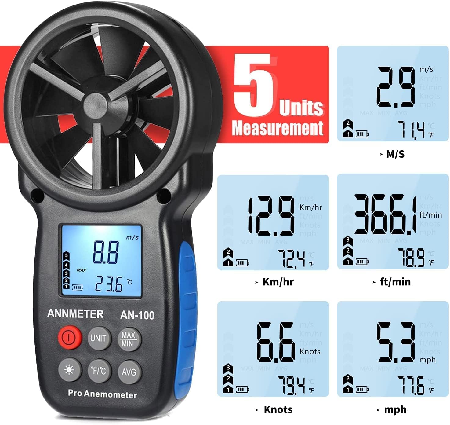 Anemómetro Digital AIOMEST AI-100 Medidor Velocidad Viento Portátil con Temperatura