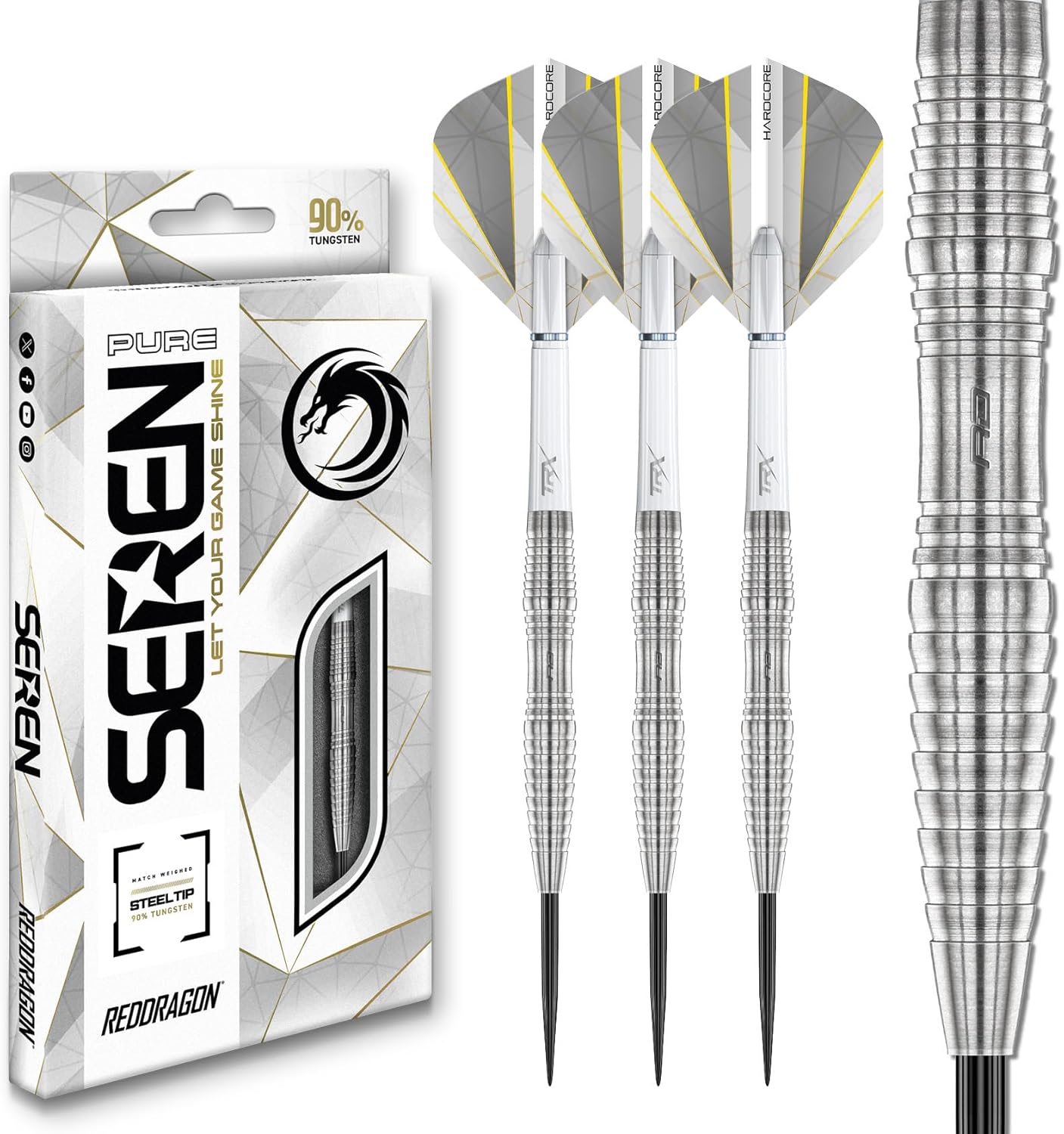 RED DRAGON Darts – Seren Pure Series - 90% Tungsten Professional Steel tip Darts Set with Dart Flights and Dart Shafts (Stems) - Available in Four Styles - Available in 21g, 22g, 23g, 24g & 25g