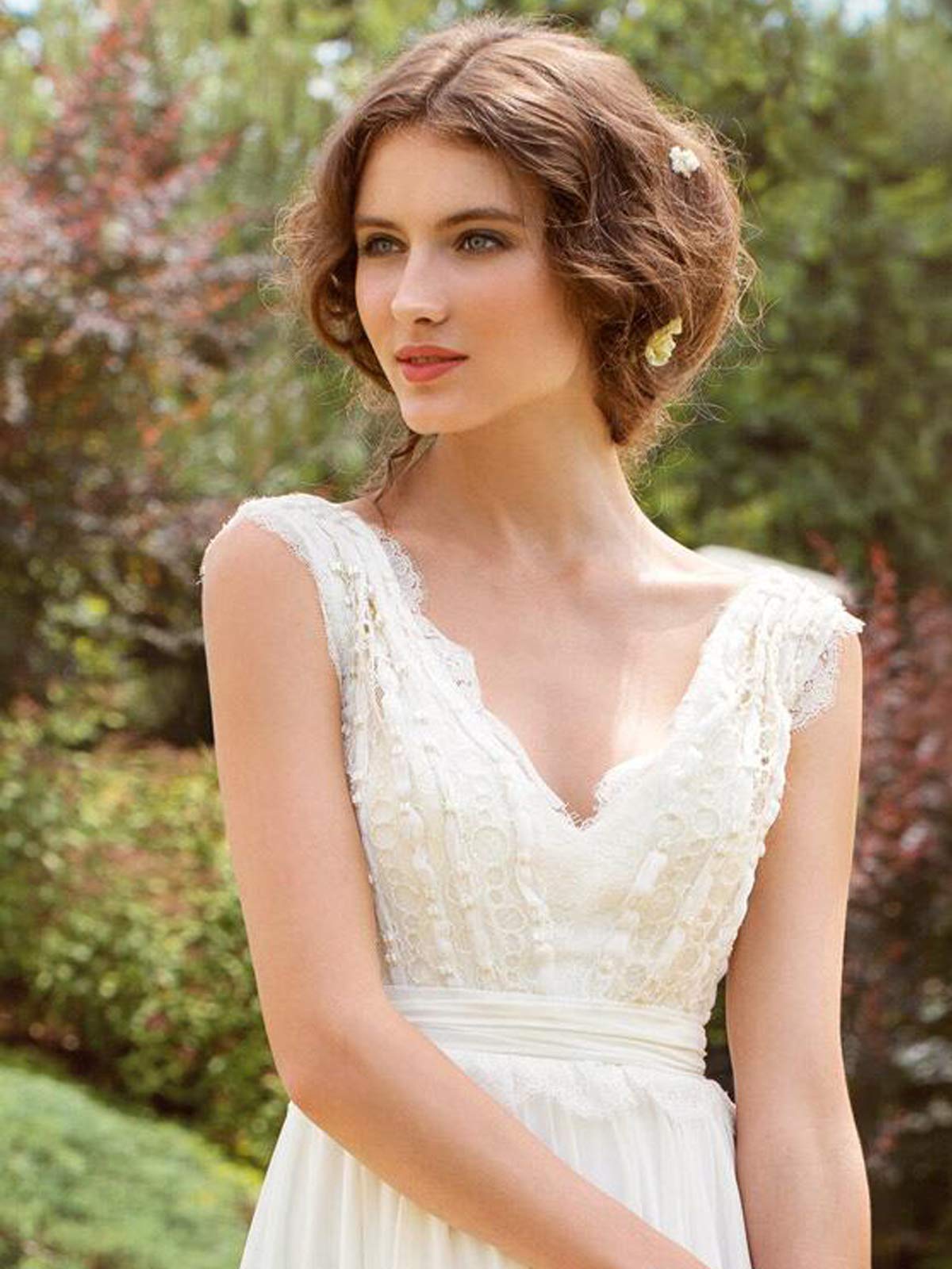 Elegante Spiaggia Scollo a V Lungo delle Donne Pizzo Chiffon a Line Abito da Sposa Ufficio Civile, Avorio, 42