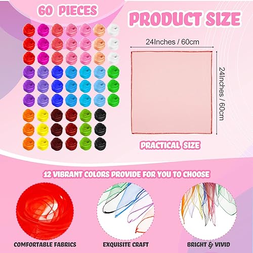 Miniatura 8 de Zhanmai 60 piezas de bufandas cuadradas para danza, bufandas sedosas, bufandas de baile, trucos mágicos, accesorios de rendimiento, bufandas de