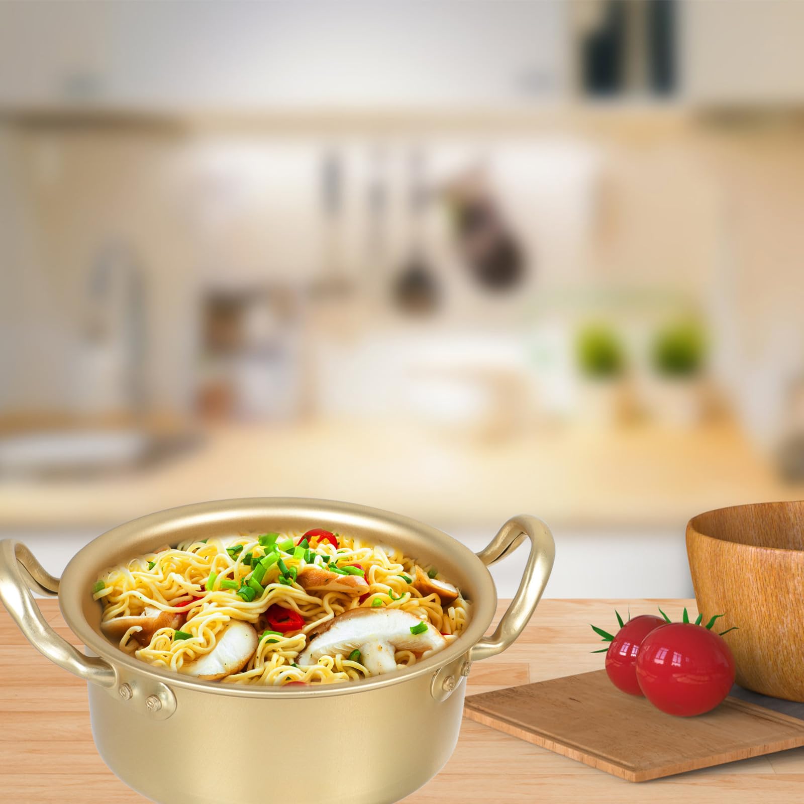 INOOMP Antihaft Ramen Kochtopf aus Aluminium mit Deckel Doppelohren Nudeltopf für Küche Hitzebeständig und Wärmeisolierend zum Schnellen Kochen von Instant Nudeln