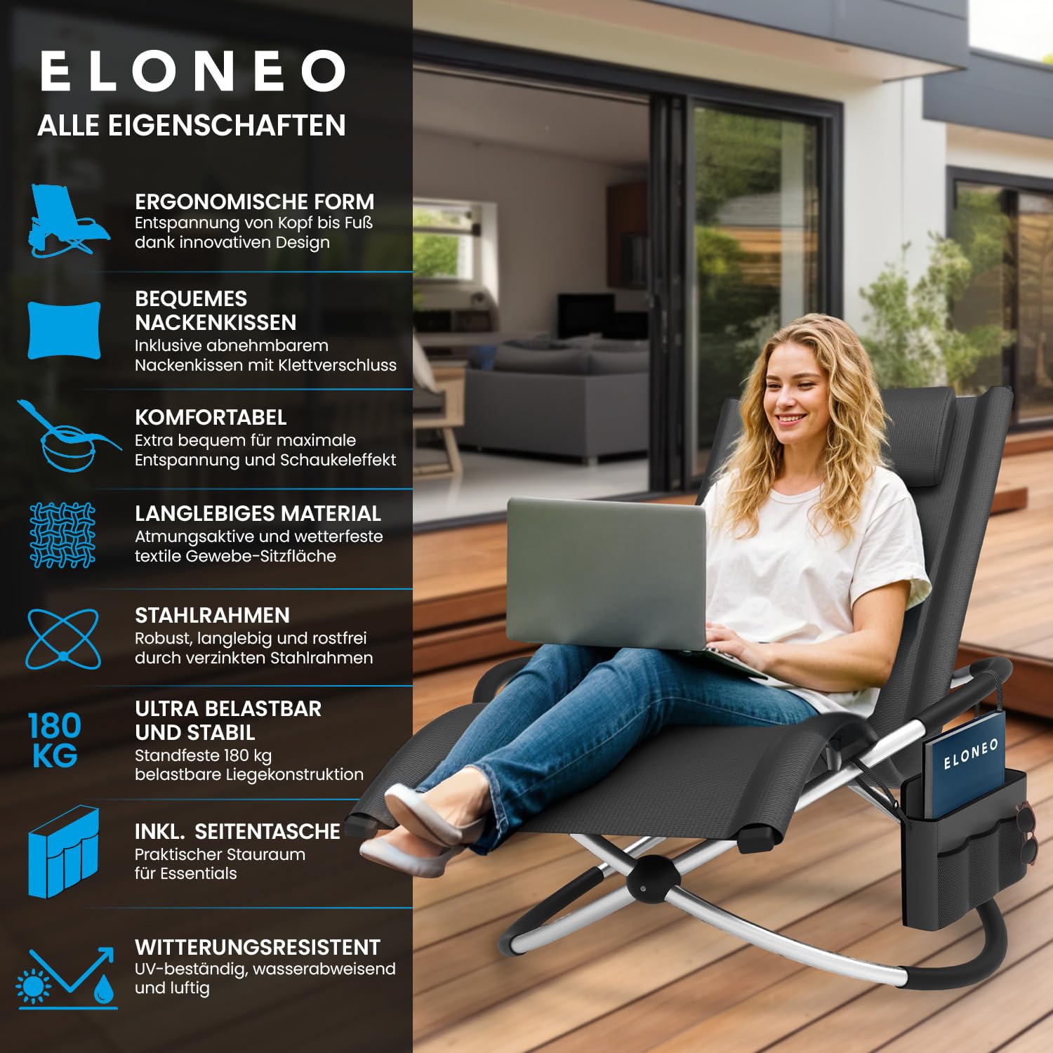 ELONEO Schaukelliege Outdoor mit Tasche, Relaxliege bis 180 kg Belastbarkeit, Schaukelsessel Outdoor, Liegestuhl wetterfest, Sonnenliege für Garten und Balkon, anthrazit