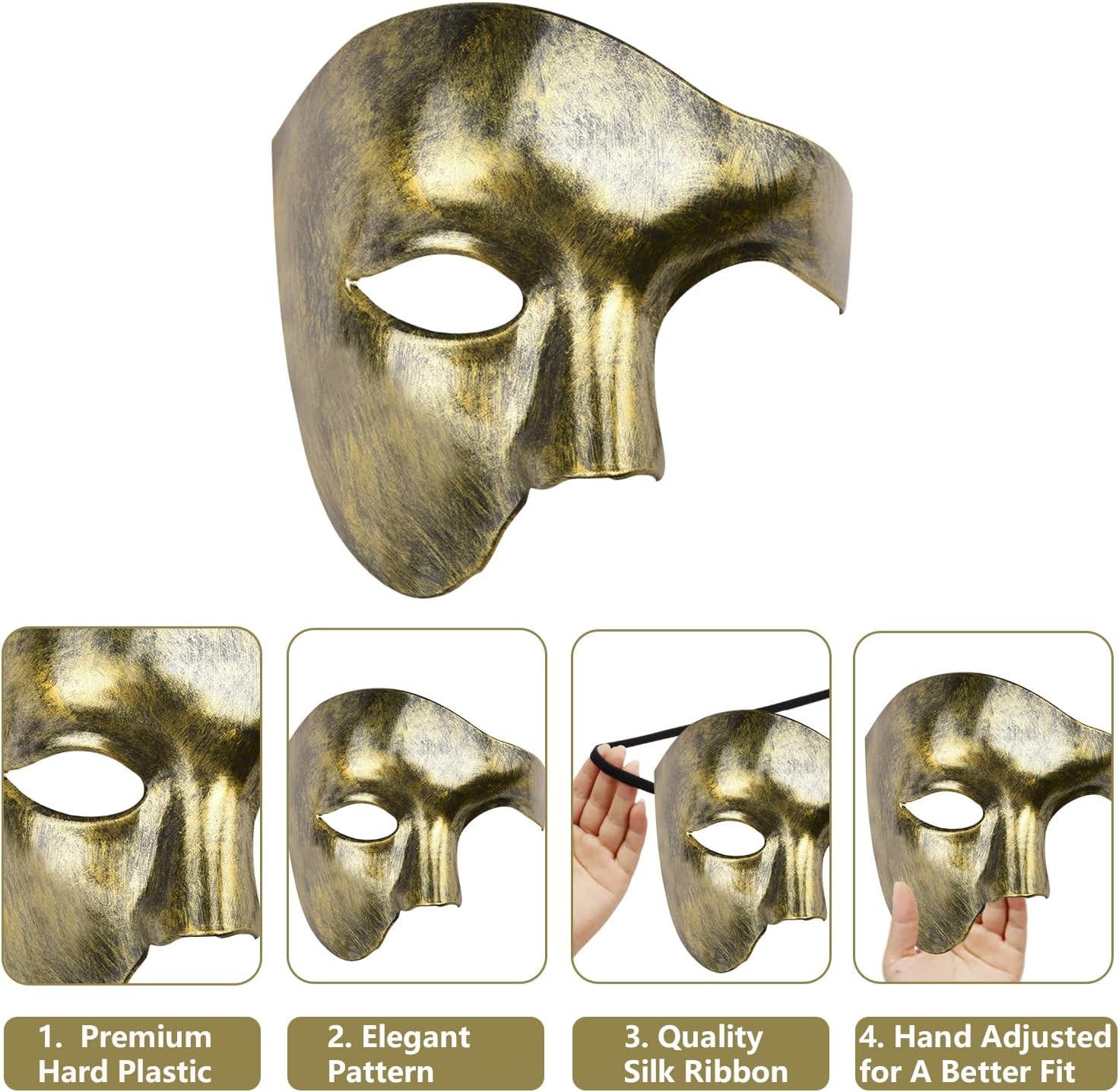 LKITMIUT Mens Phantom of The Opera Half Face Masquerade Mask for Halloween Costume Party and Mardi Gras (Antique Gold) - Image 7