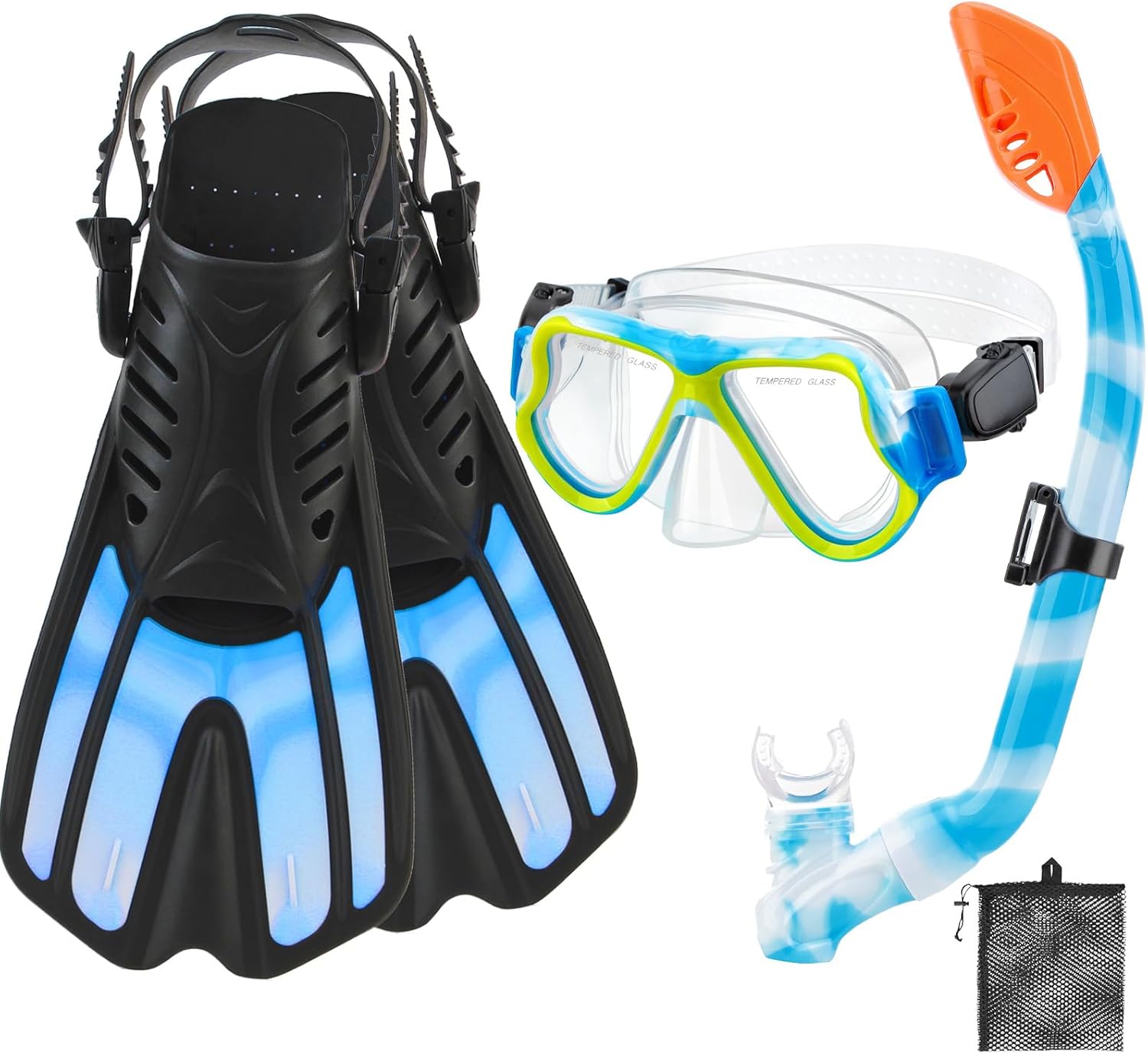 CTSAYTL Snorkeling Gear for Kids Ages 3-14, 4 in 1 Mask Fins Snorkel Set with Panoramic View Anti Fog Mask, Dry Top Snorkel, Trek Fins and Travel Bag, Kids Snorkel Set for Snorkeling Swimming