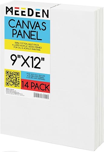 MEEDEN Paquete de 14 tableros de lona 100% algodón para pintar, paneles de lienzo en blanco de 9 x 12 pulgadas para pintura al óleo y acrílica,