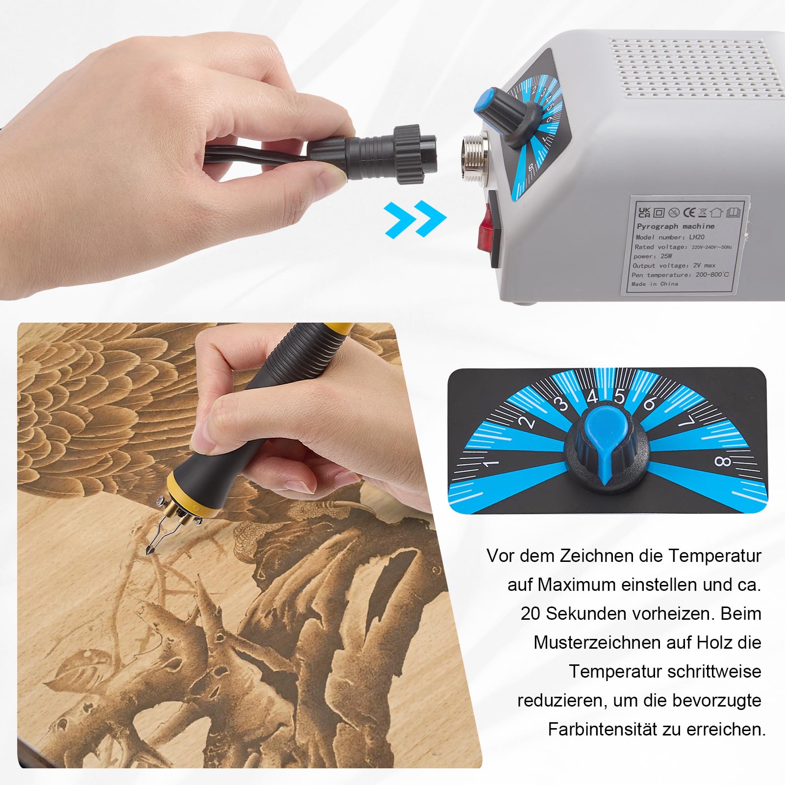 Brandmalerei Set mit Digitalanzeige 280-800°C, Brandmalkolben Profi Holzverbrennungsset mit 30 Drahtspitzen, Schnelles Aufheizen Ergonomischer Griff, für Anfänger DIY Basteln Holz Gravur, Standard
