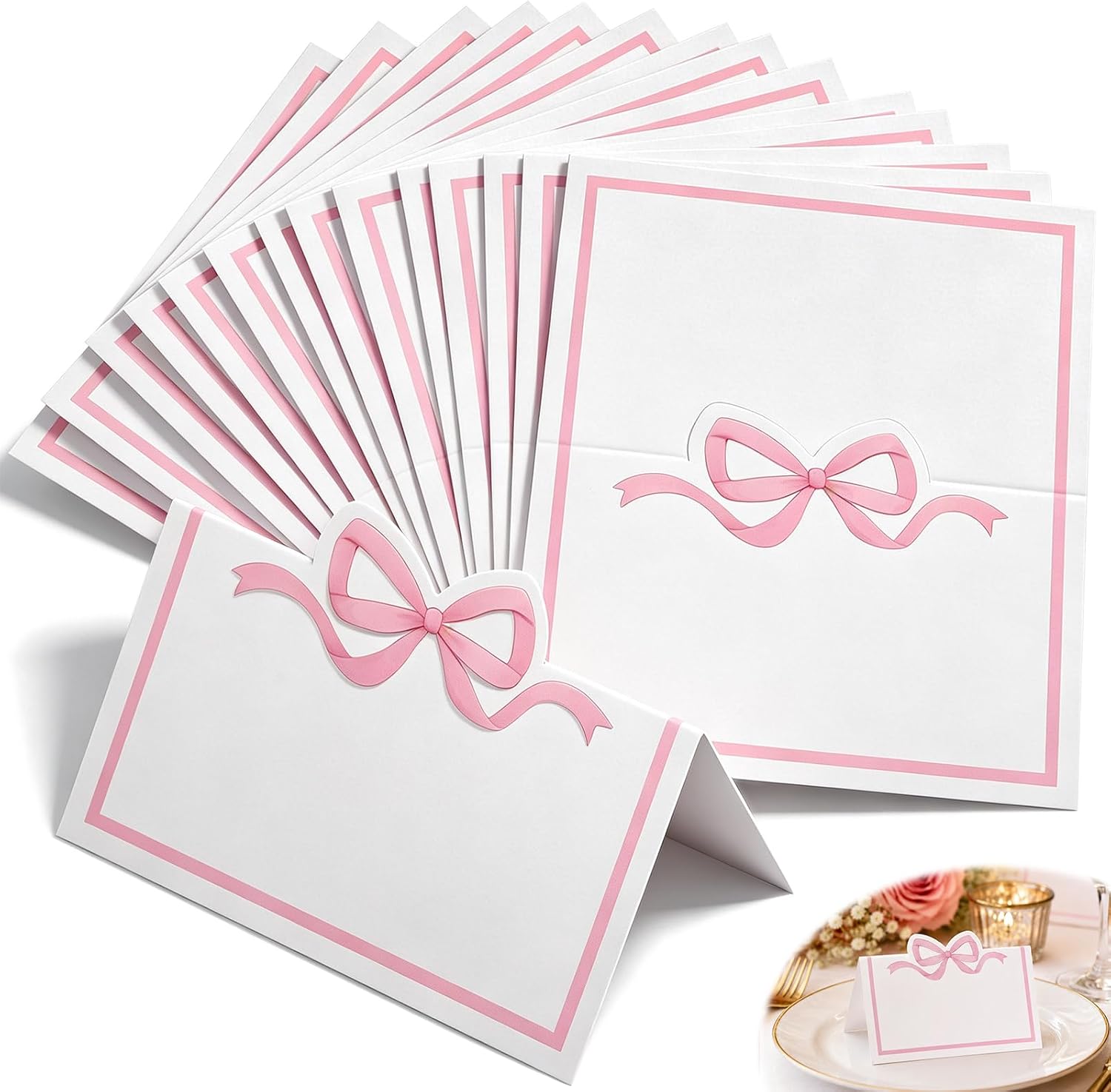 80 Pcs Premium Place Cards, 2" x 3.5" Small Table Cards with Pink Bow