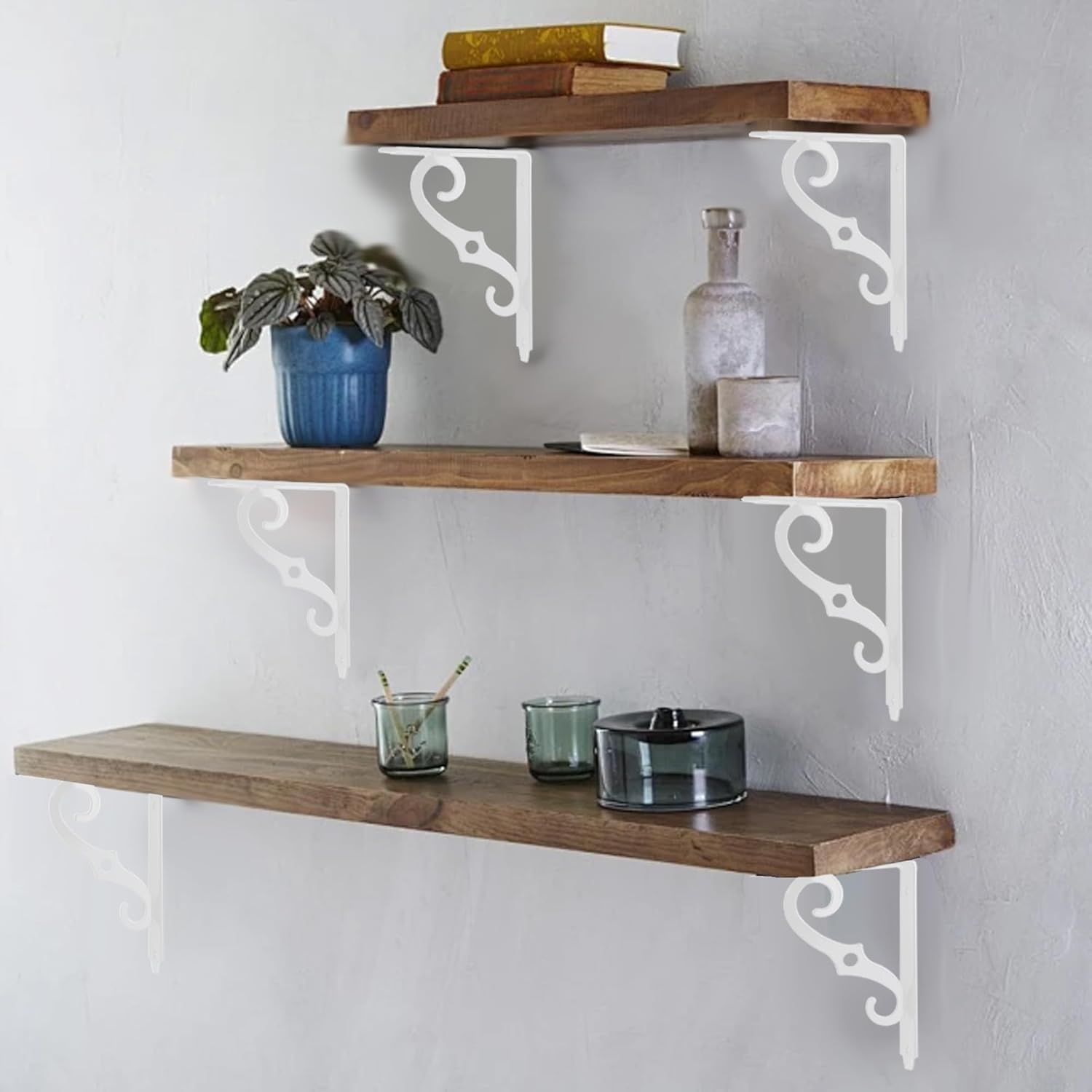 4Pcs 5"x3.5" Decorative Shelf Brackets, Heavy Duty Wall Mounted Floating Shelf Support, Rustic White Metal L Shaped Corner Brace for DIY Open Shelving with Screws and Anchors