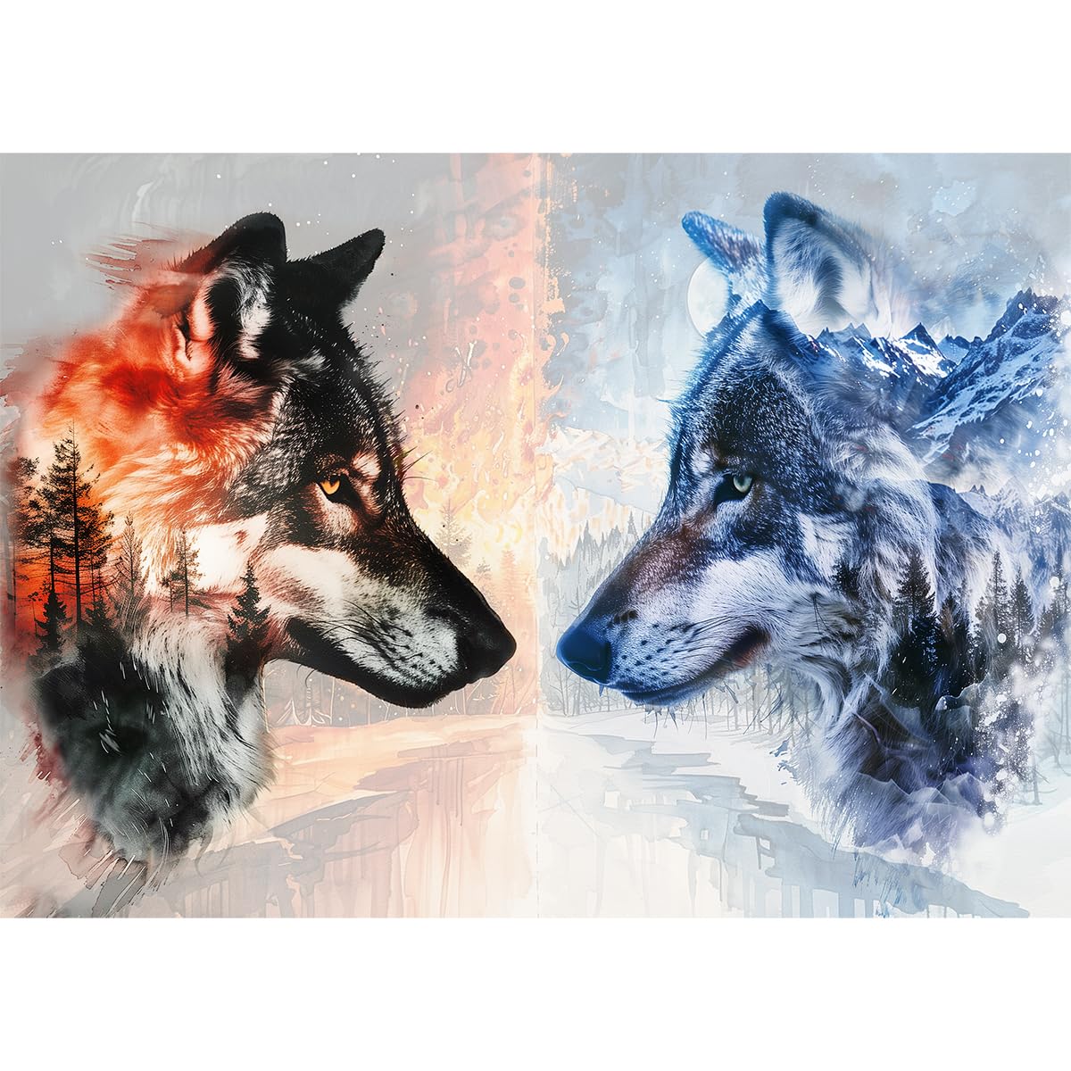 Bgraamiens - Ice VS Fire -1000 Pieces Fantasy Double Exposure Wolf Art, Nature Animals Puzzle Impossible Hard Puzzles for Adults
