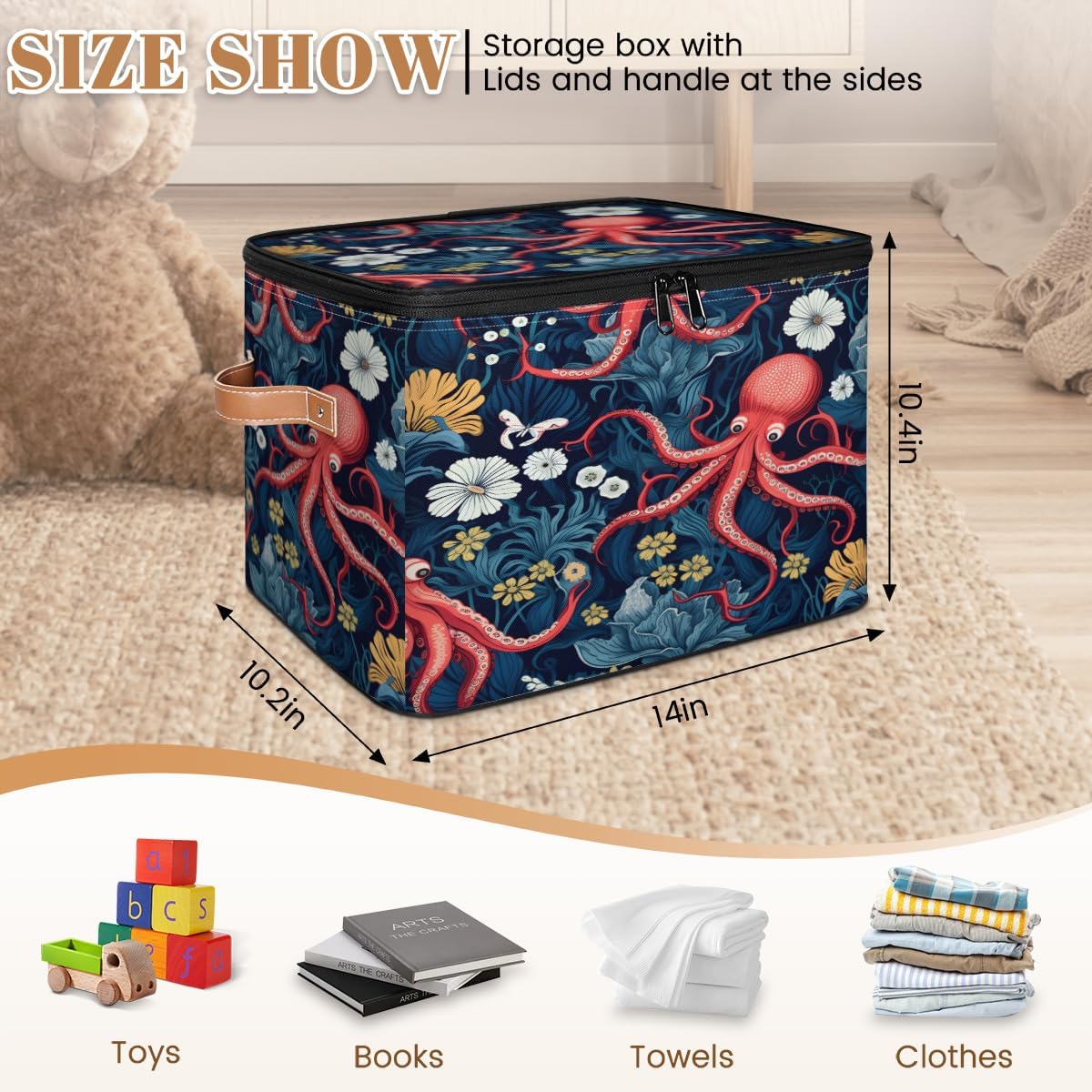 Storage Bin Set of 2 Flower Octopus Storage Basket with Zipper Lid & Handle Foldable Closet Shelf 2 Pack Cloth Organizer Basket Cube Bins Clothes Organizer for Nursery, Bedroom