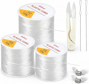 3 Rolls Elastic String Kit 328 Yds with Spring Cord Clamps - 0.5/0.8/1.0mm Stretchy Cord for Clay & Seed Beads, Jewelry Repair, Necklaces & DIY Friendship Bracelets - 8 Pcs Set w/Needles & Scissors