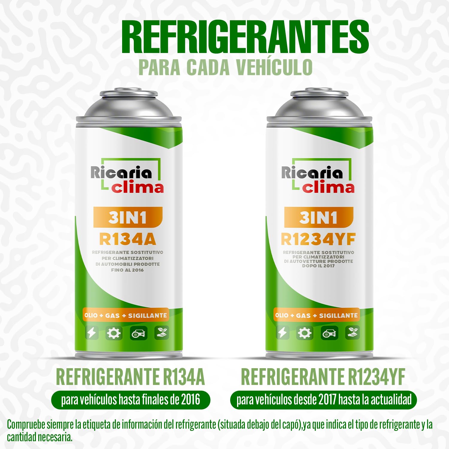 3 en 1 – Gas refrigerante R134a de sustitución para aire acondicionado de coche con aceite y sellador de fugas – Lote de 5 botellas de 235 g – Aire acondicionado para autocaravanas – ECO