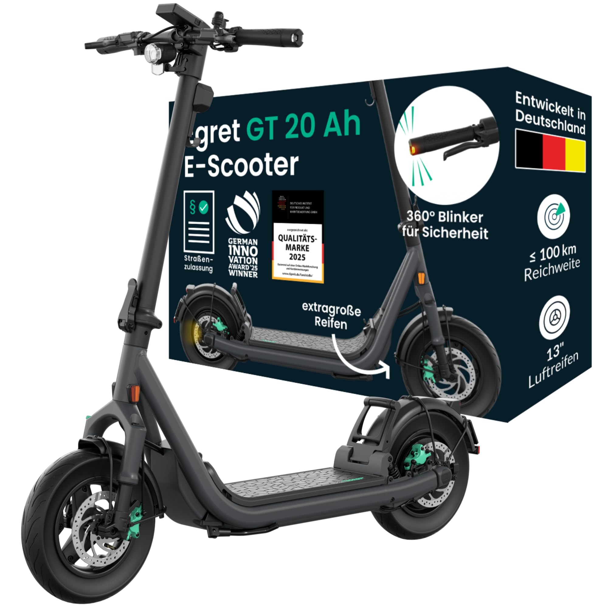 Egret GT scooter elettrico con omologazione stradale per adulti, portata 75 km, pneumatici da 13 pollici, freni idraulici, NFC e Apple Find My, portata 150 kg