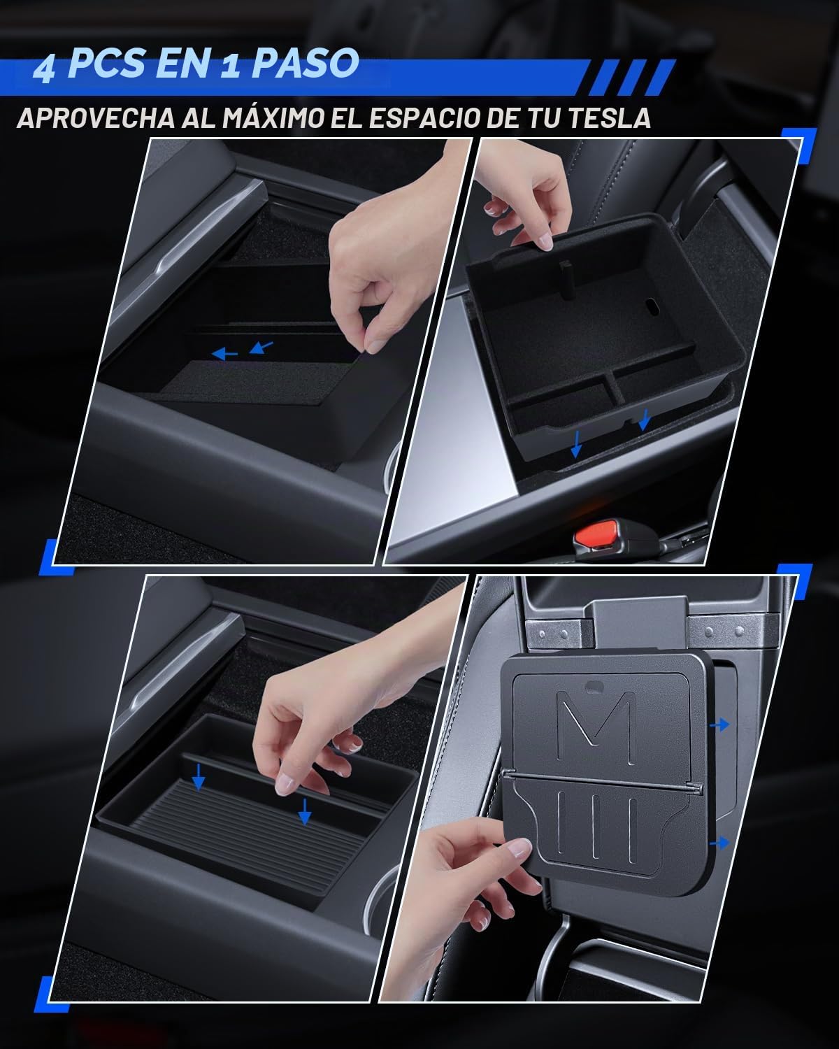 4 accesorios para Tesla Model 3 2024-2026 organizador de consola central, bandeja organizadora de silicona, caja de almacenamiento para reposabrazos y caja oculta (flocado)