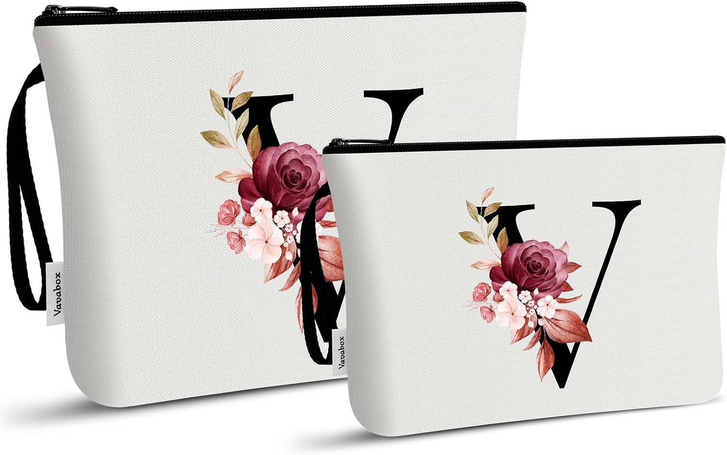 Vavabox A-Z Personalized Makeup Bag, Birthday Gifts for Women Mom, Gifts for Best Friend, Bride Bridesmaid Cosmetic bag (V, 03-White Set)