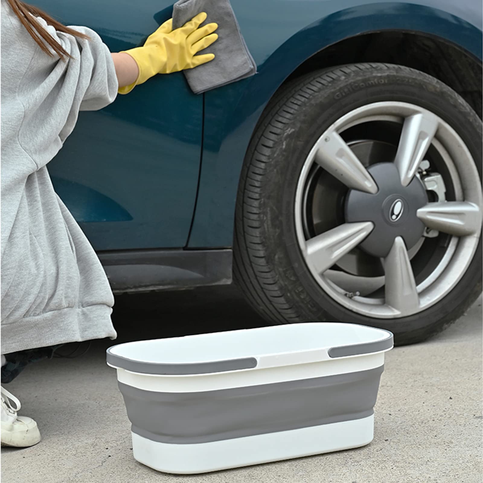 Goderewild Seau pliable en plastique avec roues de 12 L pour le nettoyage de la maison, le camping et le camping-car – Panier rectangulaire polyvalent pour nettoyer la serpillère – Léger et portable