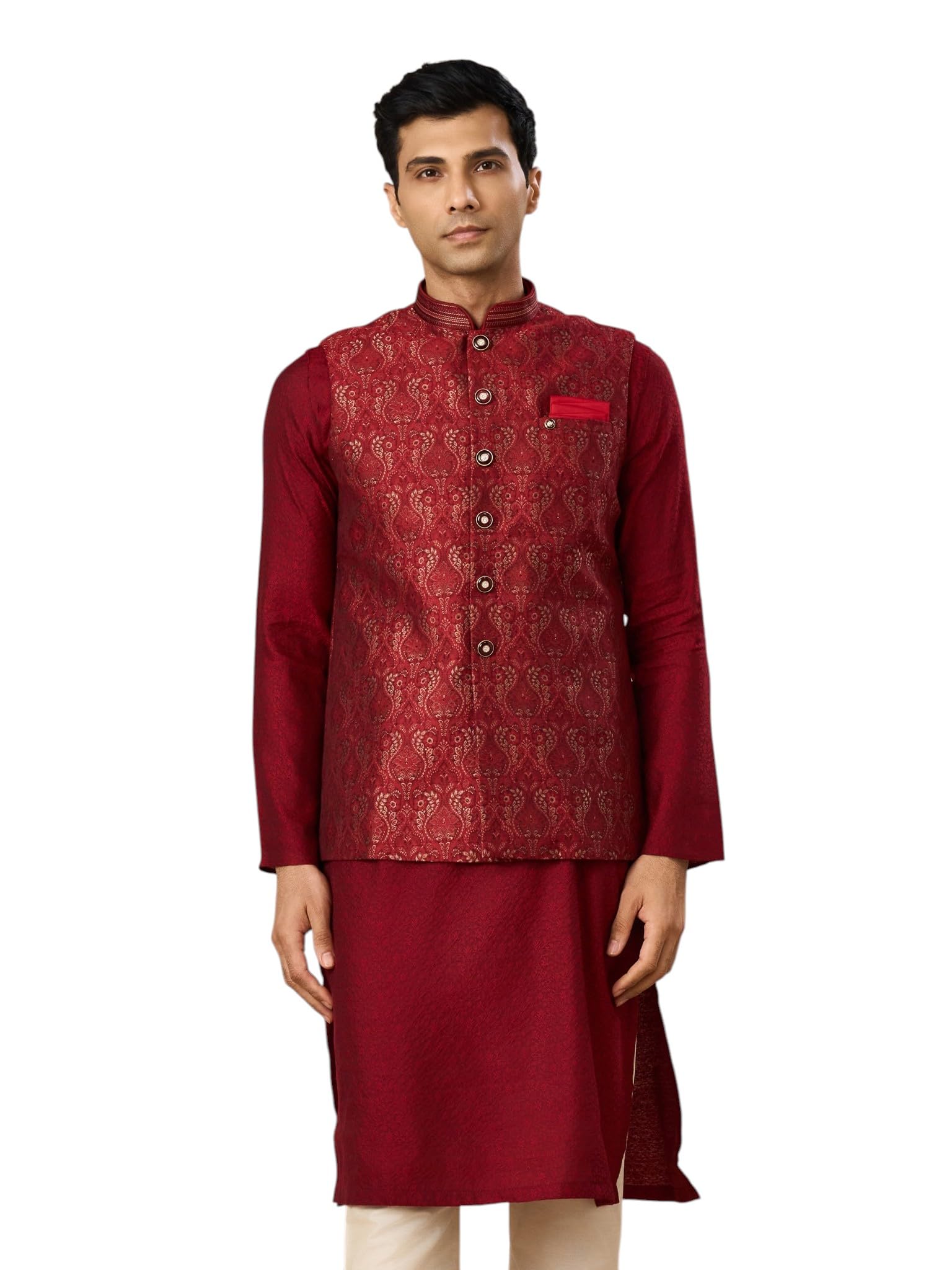 manyavar Men's Brocade Bel Buti Design Nehru Jacket (1pc)-picture-32