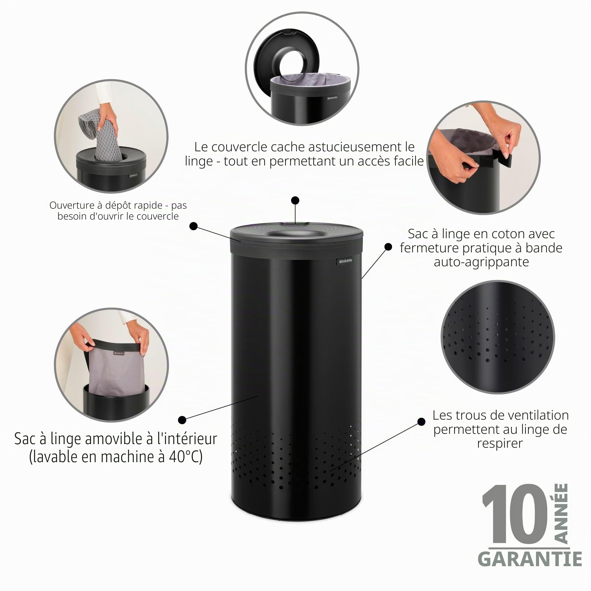 Panier à linge Brabantia avec couvercle | Bac à linge 35 L avec sac en coton amovible et ouverture Quick-Drop | Panier à linge compact | Matt Black