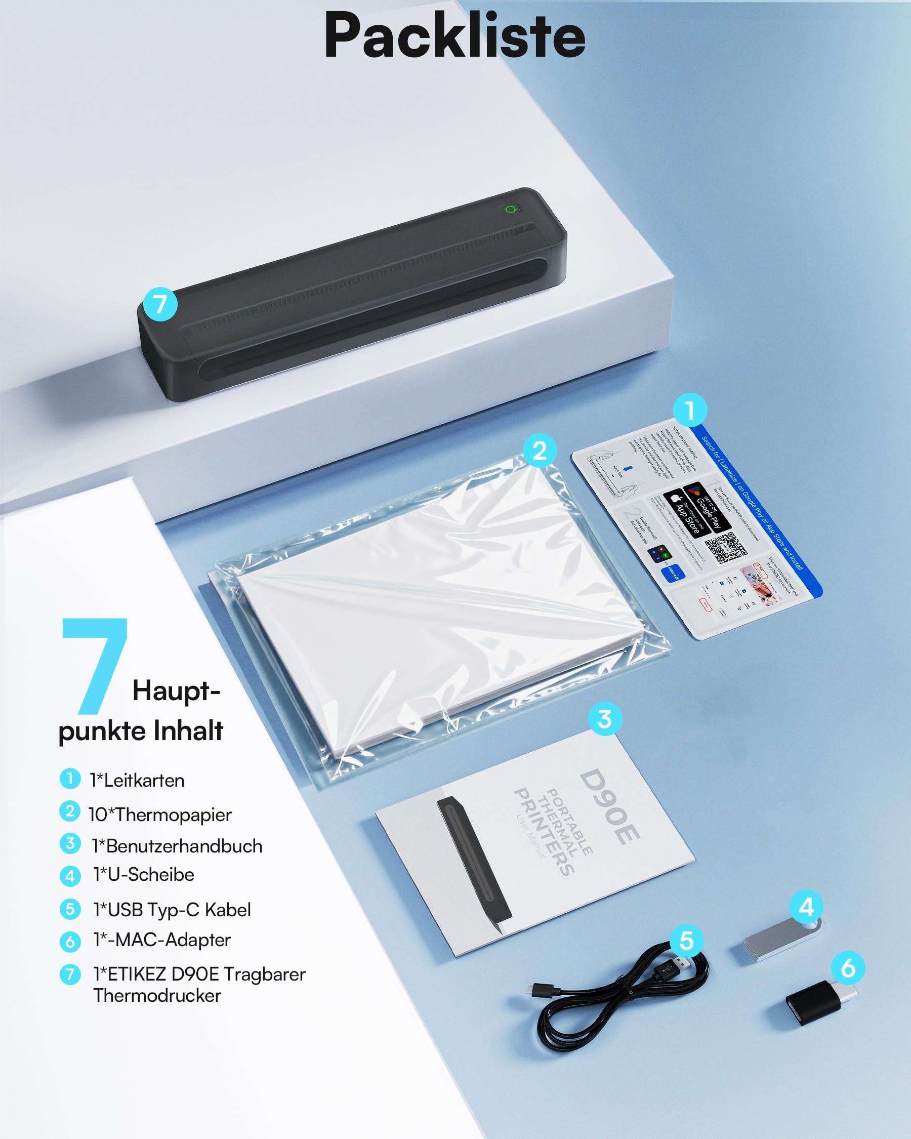 D90E Thermodrucker A4, Mobiler Tragbarer Drucker für Unterwegs, Büro, Schule & Zuhause, Kompatibel mit Windows/macOS/iOS/Android, Monochromer Reisedrucker, Schwarz, 1 Pack+ 10 Thermodruckpapier