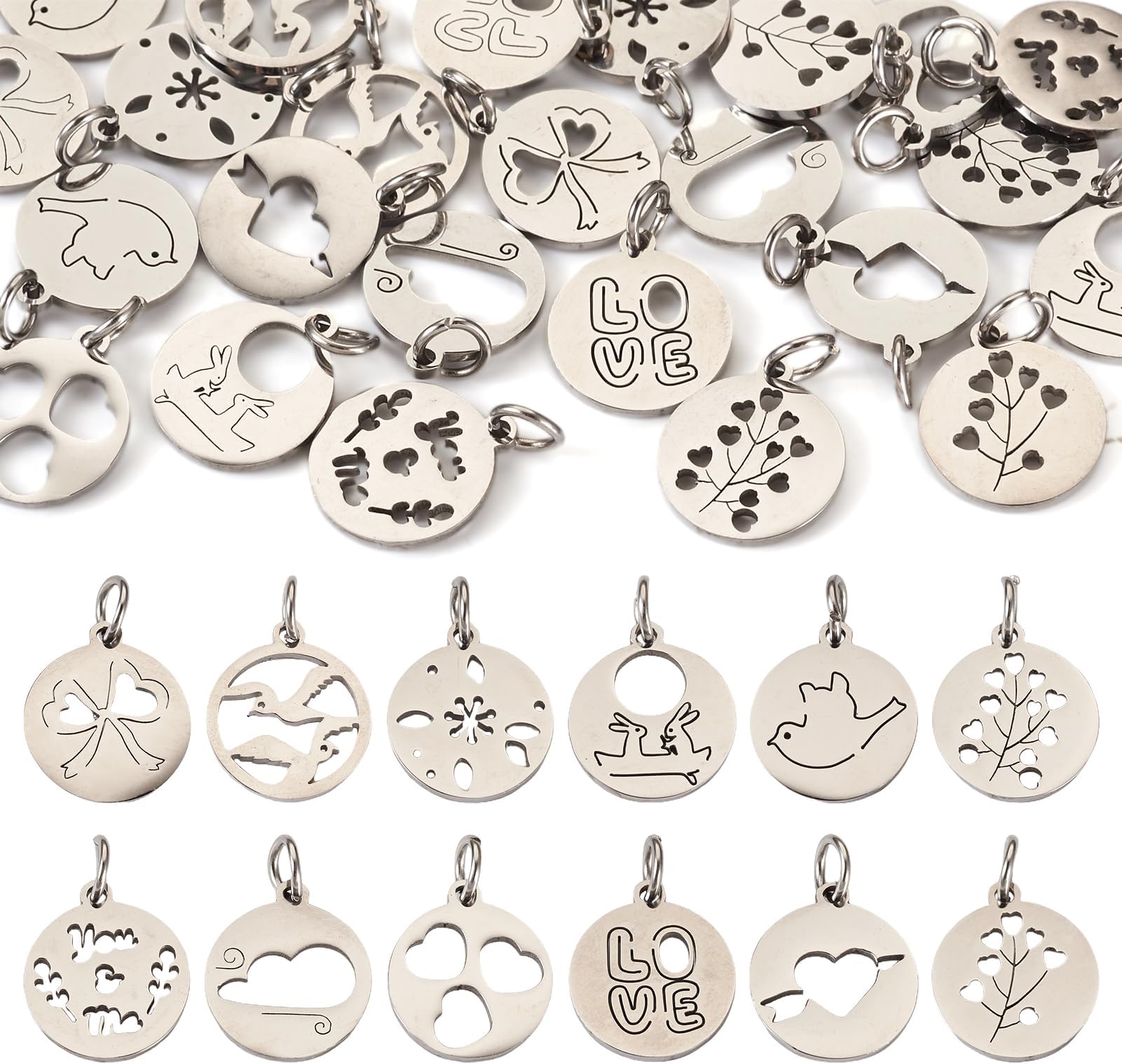 50pcs Stainless Steel Filigree Pendants Etched Metal Embellishments Multi-color Big Charms for Necklace Keychain DIY Jewelry Making Supplies