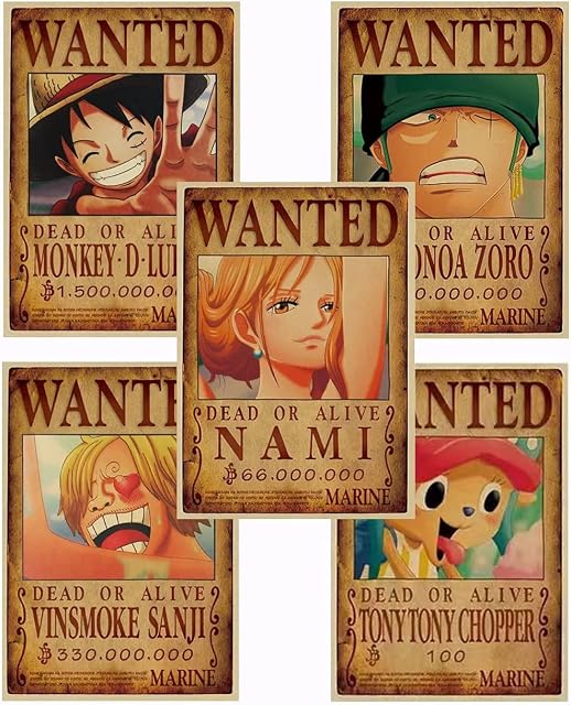 ZPPLD One Piece Anime Collage Kit for Wall Aesthetic,One Piece Poster,Anime Posters for Bedroom,5pcs 51X35.5cm Wanted Poster,Kraft Paper Poster for Walls Decor Home Decor