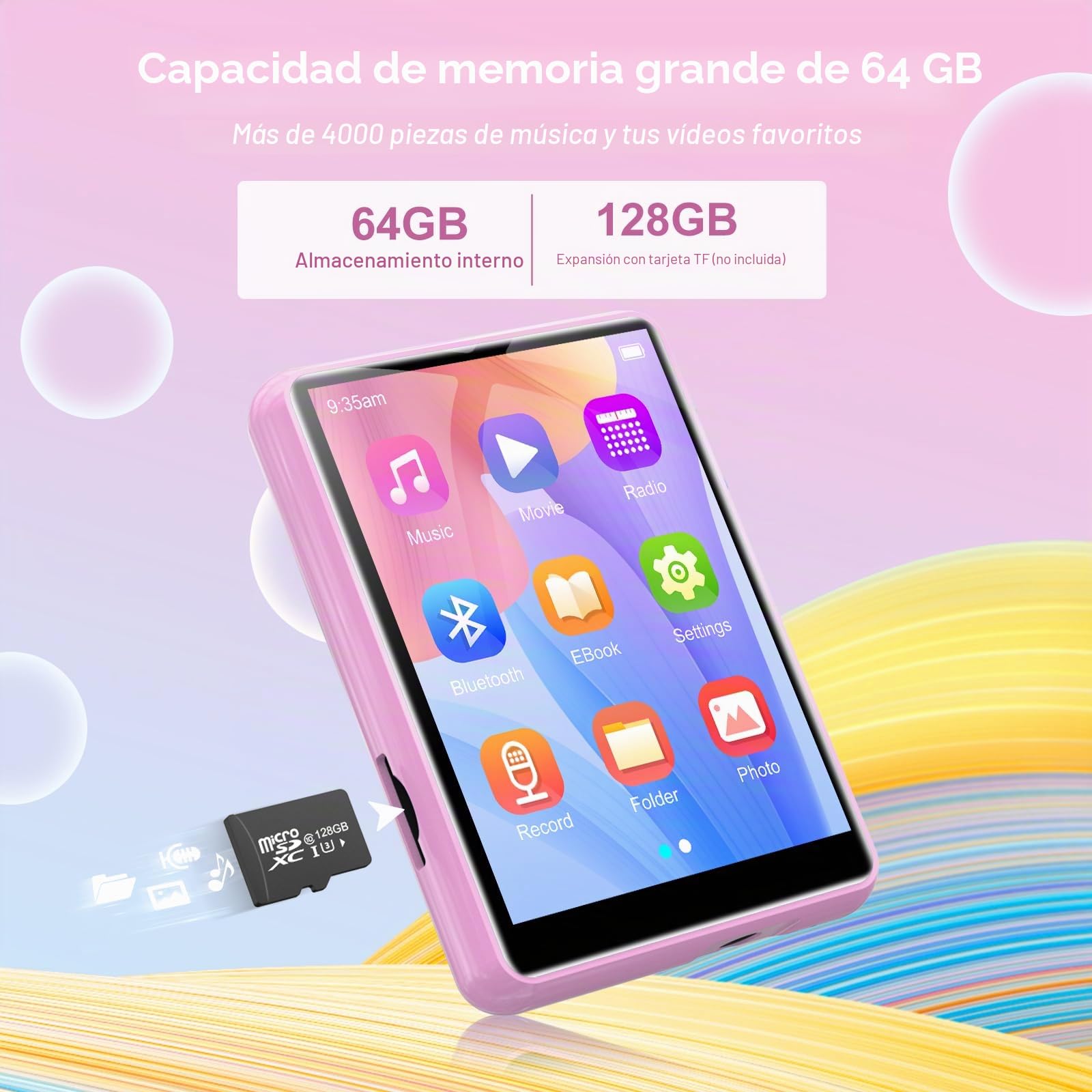64 GB Reproductor MP3 Bluetooth 5.3, 2,4" Ecrã Tátil MP3 Reproductor Portátil com Altifalante Interior, Gravador De Voz, rádio FM, Suporte até 128GB (Rosa)