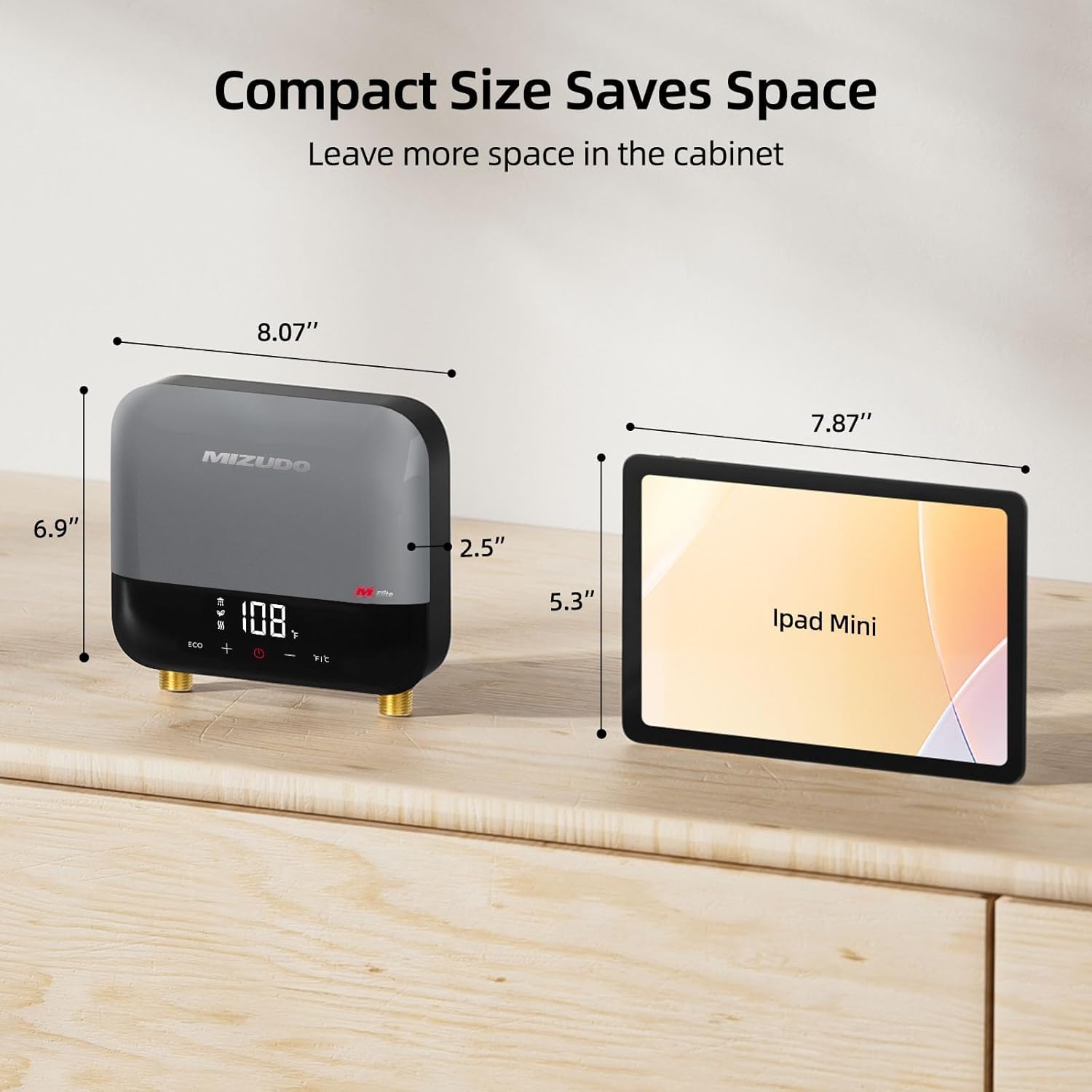Image showing the MIZUDO water heater installed in various locations: a bathroom sink, a kitchen sink, and a laundry room sink.