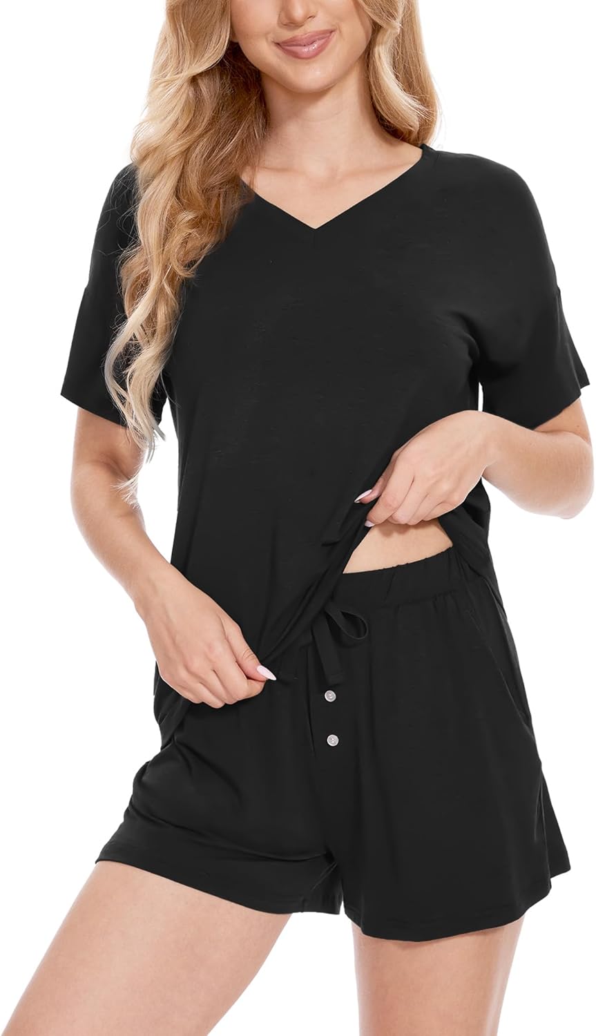 LazyCozy Striped Pajama Set for Women, Viscose Made from Bamboo, Short Sleeve Shirt with Sleep Shorts Soft PJ Set