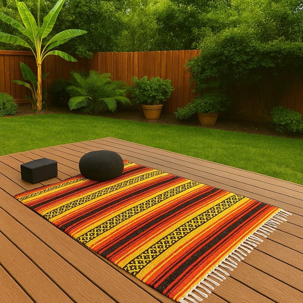 Open Road Goods Heavyweight Mexican Falsa Yoga Blanket, Extra Thick with Stripes - Great Beach, Picnic, or Throw - Handmade Sunfire Red, Orange, and Black Colors